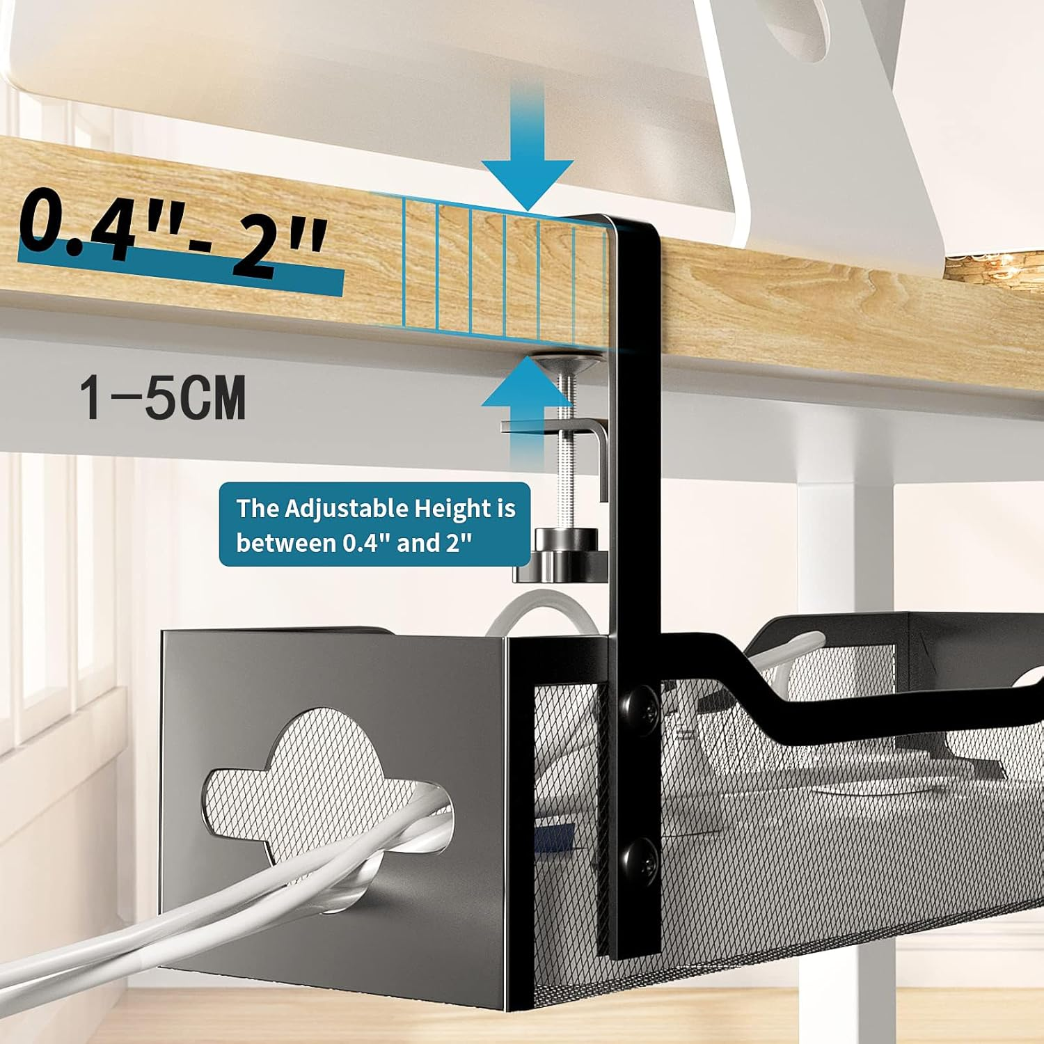 Under Desk Cable Management Tray, Metal Mesh with Clamp Mount, 1-5Cm Adjustable Height, Wire Organiser for Office Desk（Black image number 5