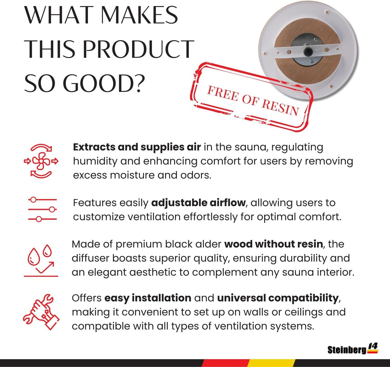 Steinberg14 Wooden Air Diffuser - 4 Inch Universal Supply and Exhaust Valve - 100Mm Adjustable Vent Cover - round Wall Ceiling Vent - Black Alder Wood Air Vent - Ventilation Grille for Sauna image number 1