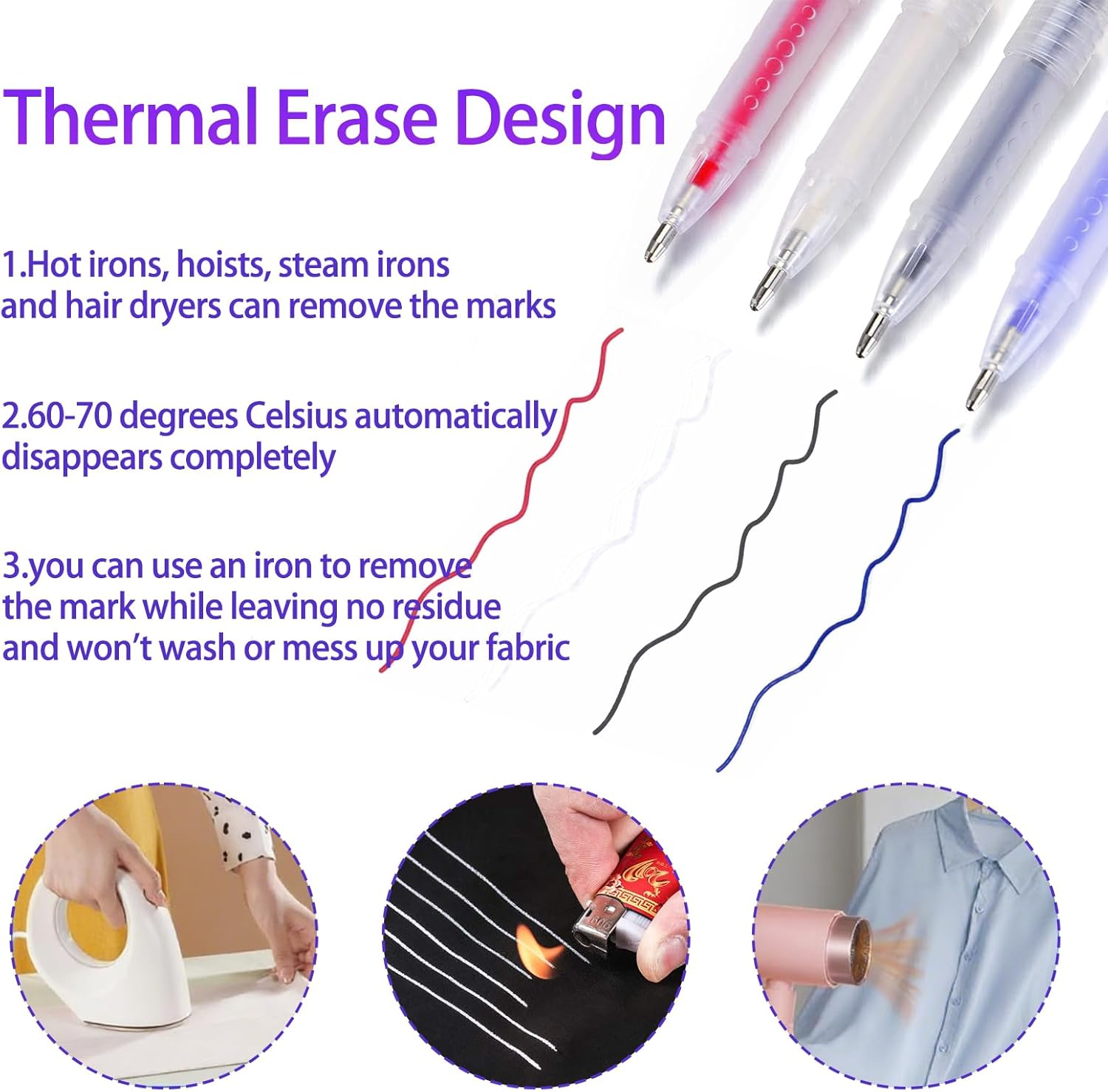 24 Pcs Heat Erase Fabric Pens, High-Temperature Vanishing Erasable Pens for Dressmaking Tailoring, Chalk Pen for Fabric Markers Tailors Quilters Dressmakers Sewing DIY Sewing Projects (4 Colors) image number 1