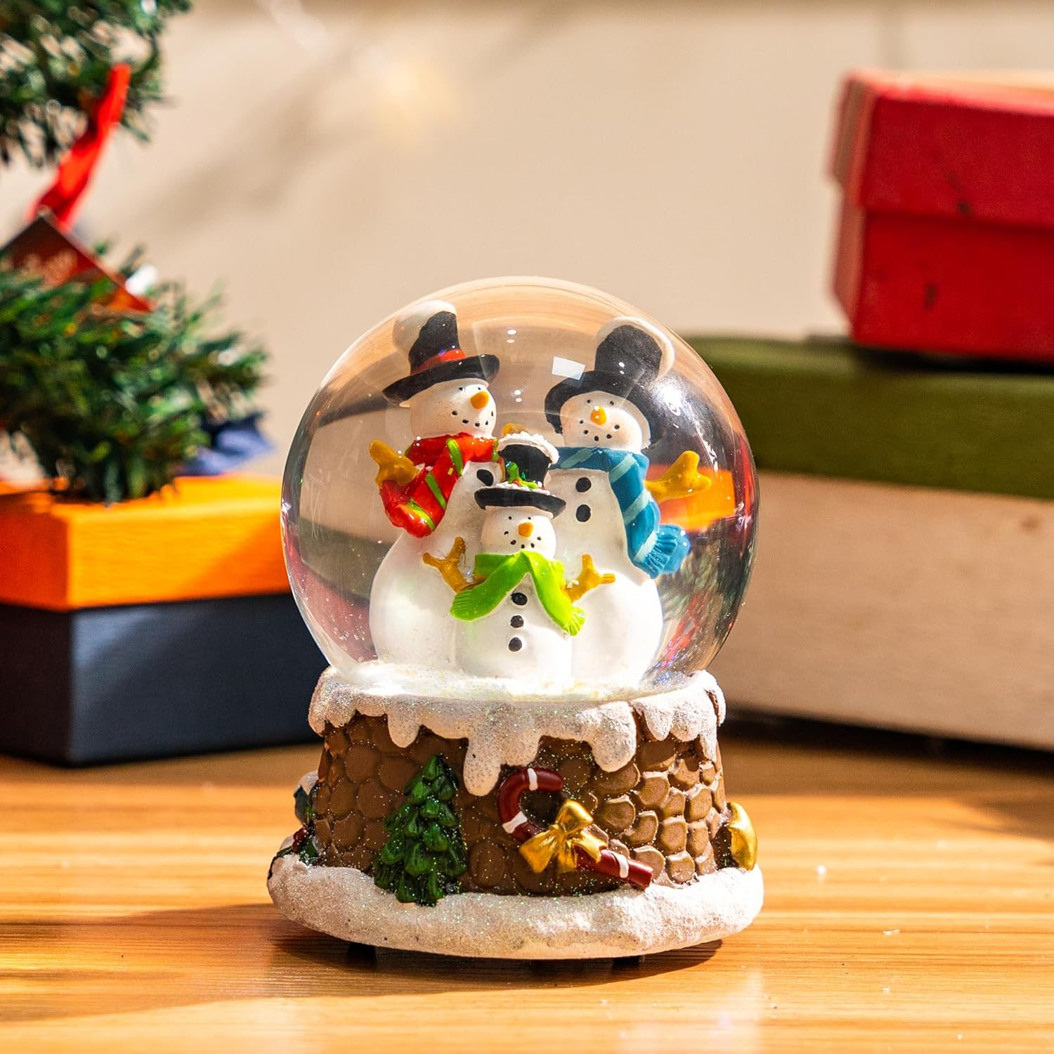 Snow Globes Glitter Water Globe Decoration Musical Snow Globes Decor Plays We Wish You a Merry Christmas, 100Mm, Three Snowmen image number 3