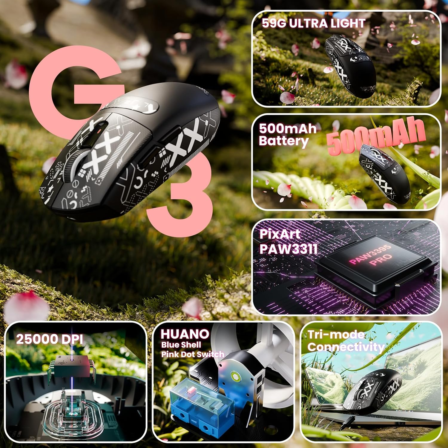 ATTACK SHARK G3 Wireless Gaming Mouse,Tri-Mode 2.4G/BT5.2/USB-C Gaming Mouse,Paw3311 Sensor,25,000 Dpi,59G Lightweight,5 Programmable Buttons,500Mah Rechargeable Gaming Mice,Pc/Mac(Black&Sticker) - Berry Red Griptape image number 5