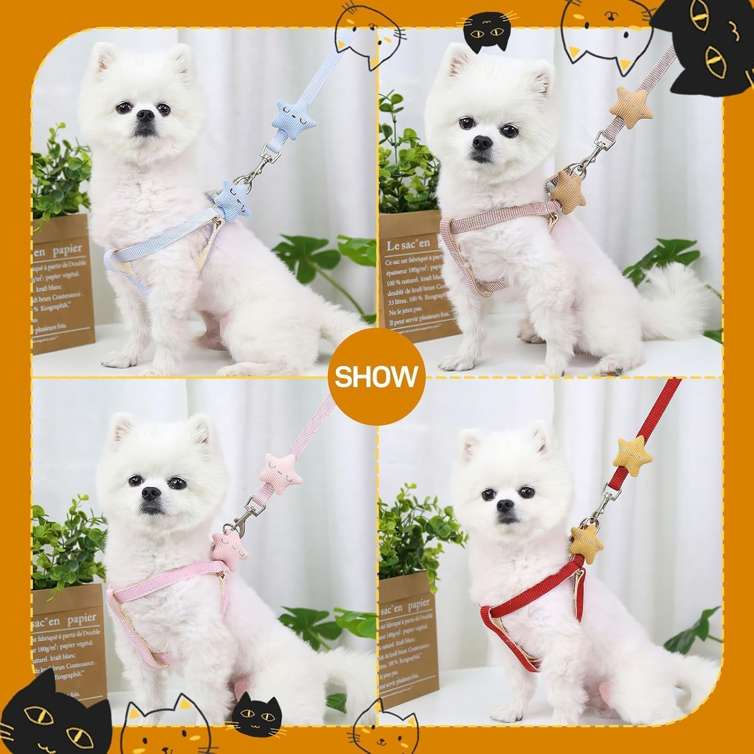 A Set of Puppy Harness and Leash the Adjustable Soft Suede Harness Is Decorated with Five-Pointed Stars It Is Suitable for Puppies, Small Dogs and Medium-Sized Dogs. (One Size Fits All) image number 1