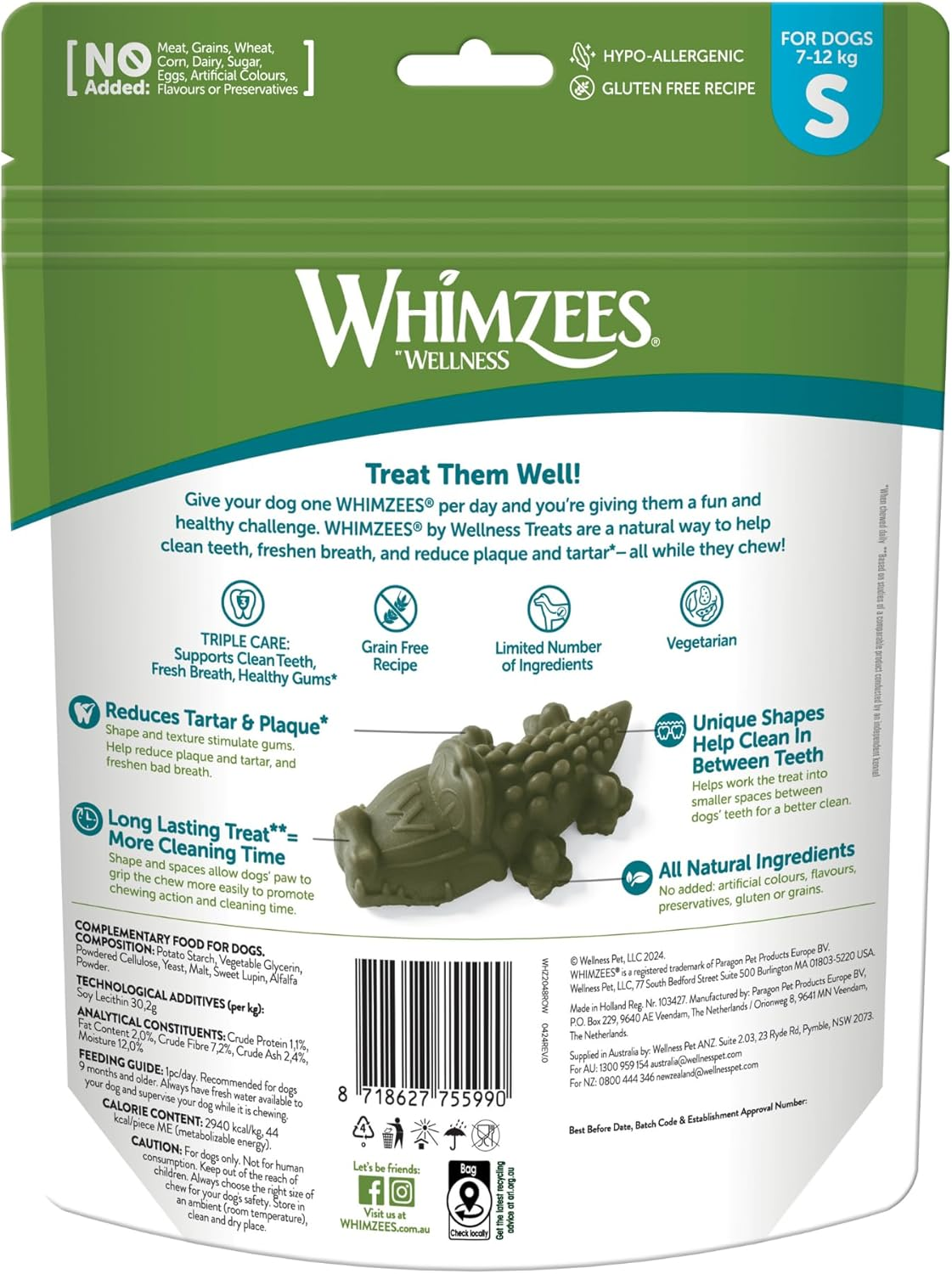 WHIMZEES Alligator Dental Dog Treats, Daily Bag, Small (7-12 Kg Dogs), Natural Daily Dental Chews (Pack of 12)