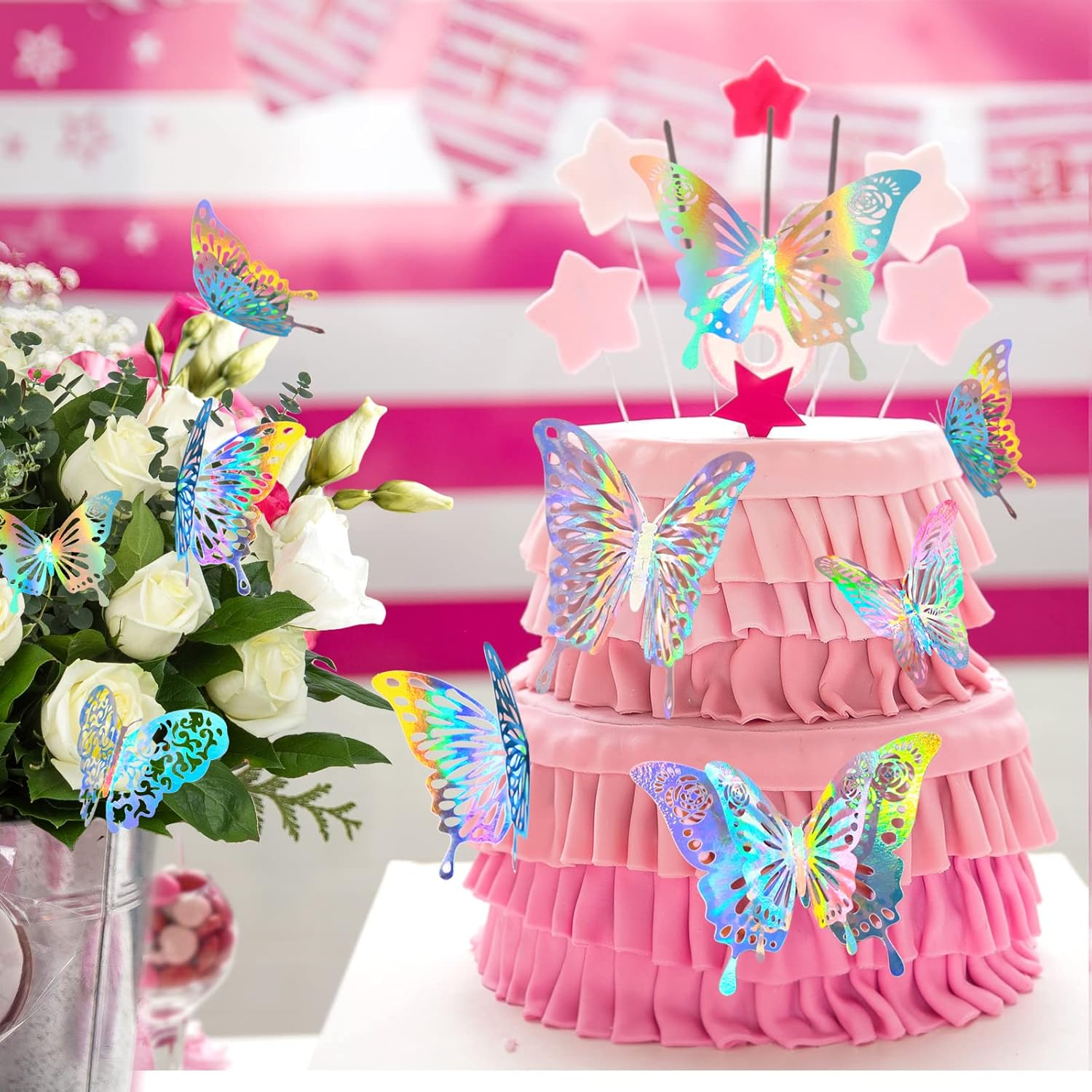 60 Pcs 3D Shiny Silver Butterfly Wall Stickers Decals ,Removable Holographic Silver Butterfly Wall Decor Classroom Decor with Set 5 Style DIY Man Made Decorative Paper Murals for Nursery, Party Decor (Silver) image number 6