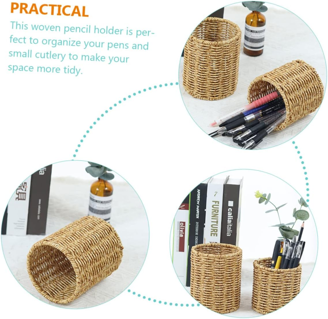 STOBOK 3Pcs round Pen Pot Imitation Rattan Pencil Holder for Desk Stylish Gel Pen Container Cute Pencil Pot for Home Office Use image number 5