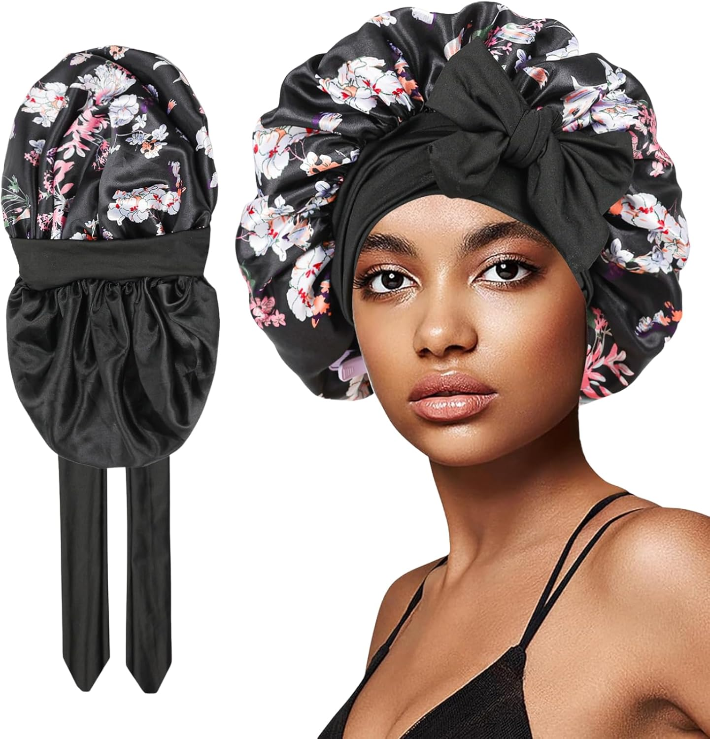 Silk Hair Bonnet for Sleeping, Double Layer Slip Silk Bonnet for Curly Hair, Breathable & Secure Fit