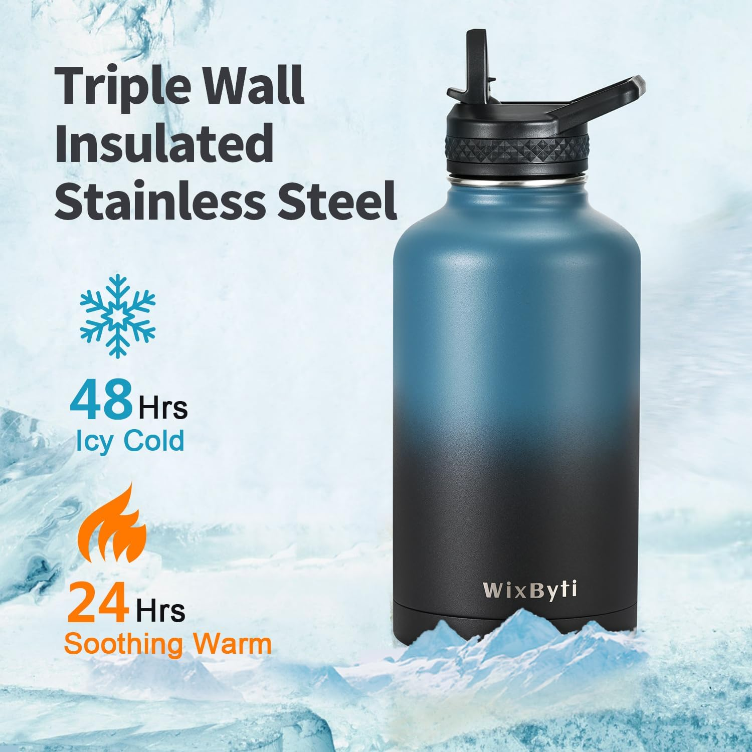 Wixbyti 1900Ml Insulated Water Bottle with Straw (Cold for 48 Hrs), Half Gallon Stainless Steel Triple Wall Vacuum Sports Water Jug, Leakproof Hydro Cup Flask with Straw Spout Lids & DIY Stickers image number 2