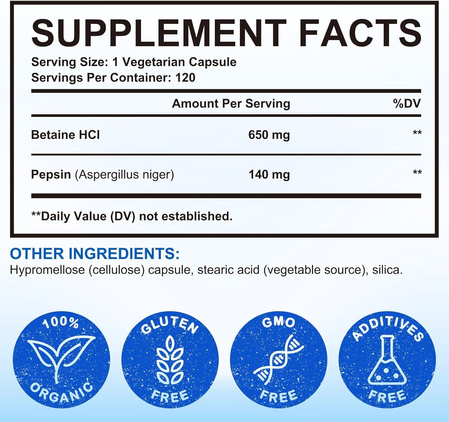 Betaine Hcl with Pepsin | 790Mg per Serving | Plant-Based Acid-Stable Enzyme | Vegetarian Formula | 120 Capsules