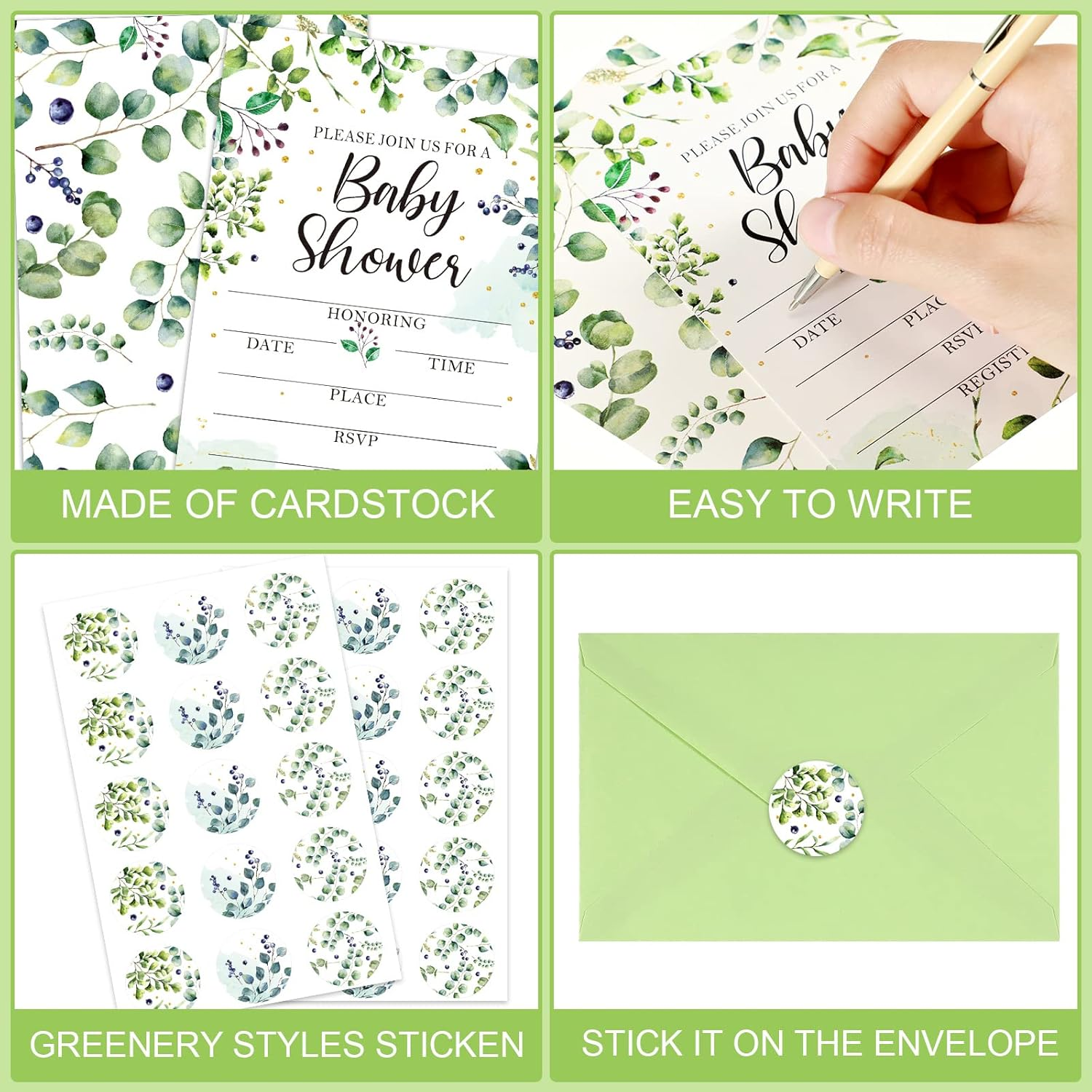 Leinuosen 25 Sets Greenery Baby Shower Invitations, Diaper Raffle Tickets, Baby Shower Book Request Cards with Envelopes for Baby Shower, Engagement and Birthday Party Decorations