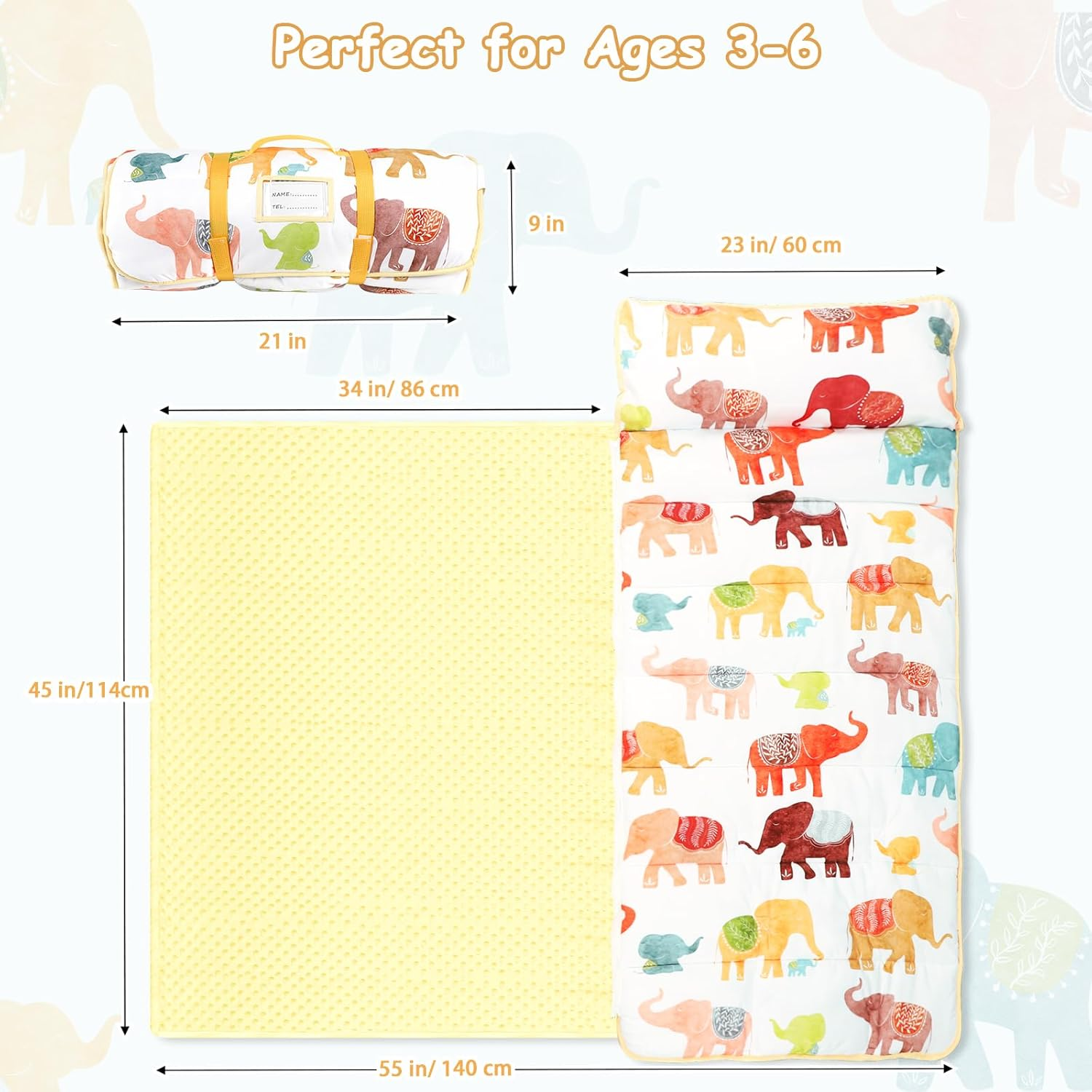 Toddler Nap Mat for Preschool, Thicken Kids Sleeping Mats with Removable Pillow and Blanket for Boys Girls, 140 X 60 Cm Extra Large Daycare Nap Mat(Colorful Elephant) image number 2