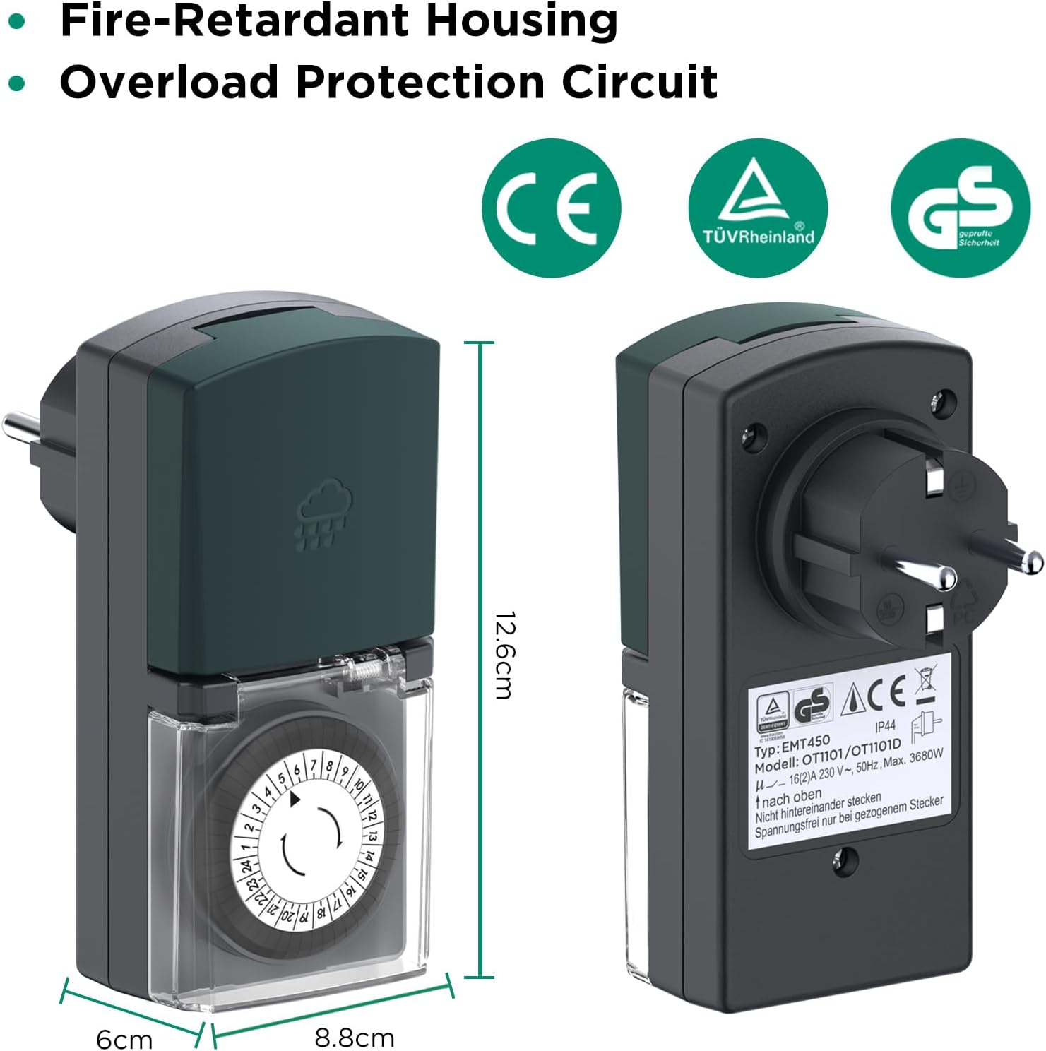 G-Homa Outdoor Timer, Set of 2, 24-Hour Mechanical Timer Socket, Outdoor with Child Lock & Protective Cover, IP44 Waterproof, for Lights, Pool Pumps, Christmas Decoration image number 4