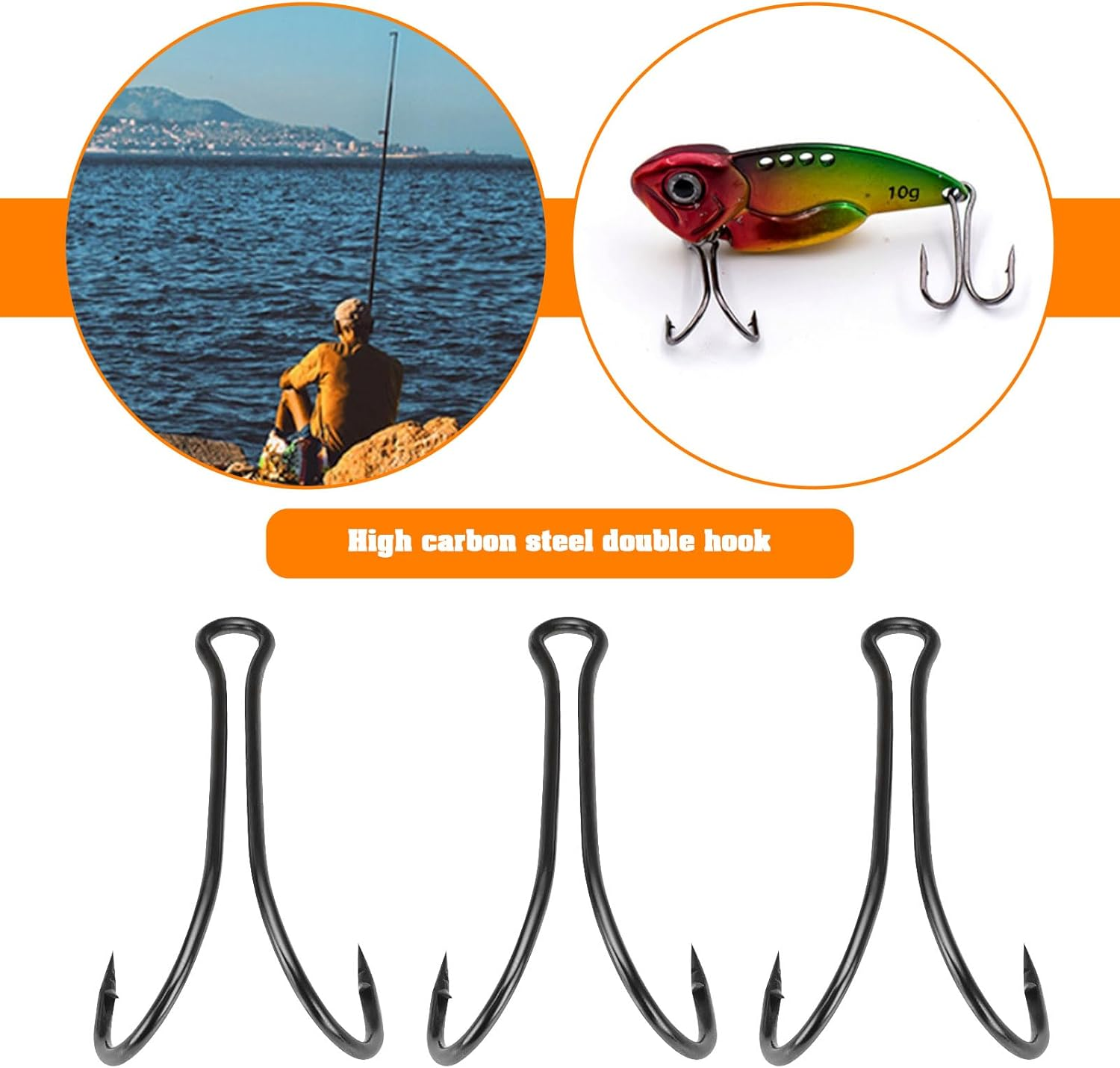 SG Store 55PCS Double Fishing Hooks #1-#3/0 High Carbon Steel Fishing Double Hooks Sharp Open Shank Barbed for Saltwater Freshwater image number 2