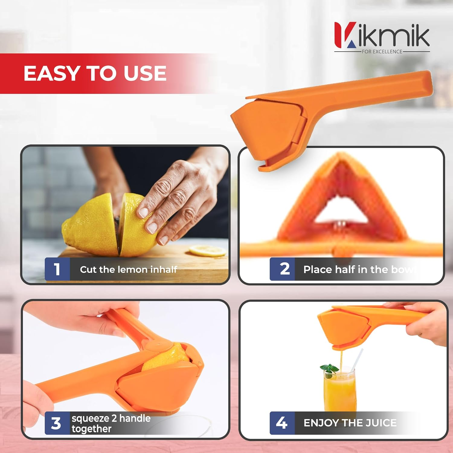 Kikmik Lemon Squeezer - Citrusease Foldable Manual Fruit Juicer: Effortless Juicing with Space-Saving Ergonomics Design &ndash; Hand Squeeze with Sideways Pivot for Maximum Juice Yield-(Orange) image number 3