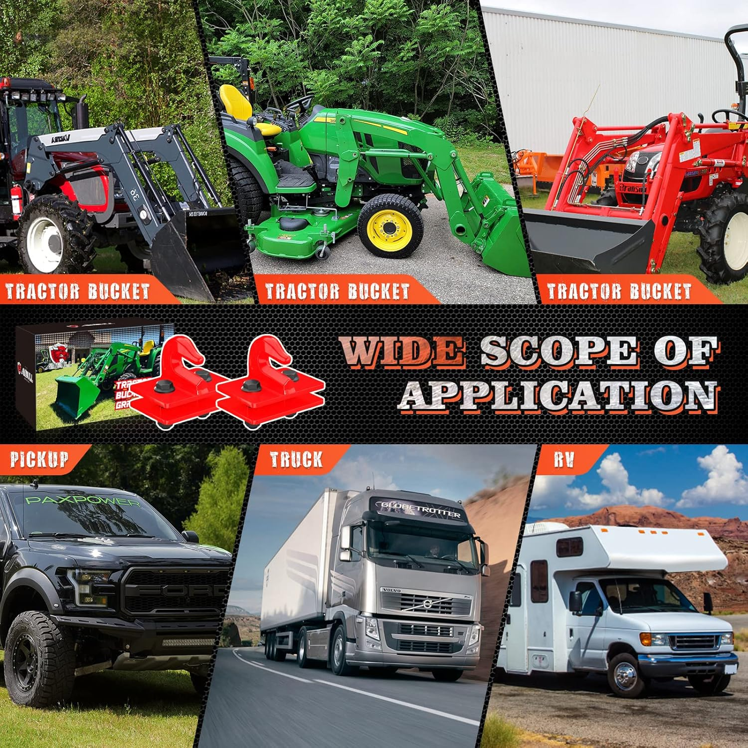 Tractor Bucket Grab Hook Grade 70 Forged Steel Bolt on Grab Hook 3/8" Tow Hook Mount with Backer Plate, Work Well for Tractor Bucket, RV, UTV, Truck, Max 15,000 Lbs, 2 Pack, Red image number 3