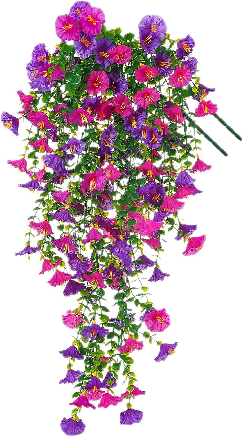 Yimingjin Artificial Fake Hanging Flowers Plants for Spring Decoration, 2PCS Silk Morning Glory Faux Flowers with Eucalyptus Leaves, UV Resistant Trailing Vines Outdoor Home Planter (Red)