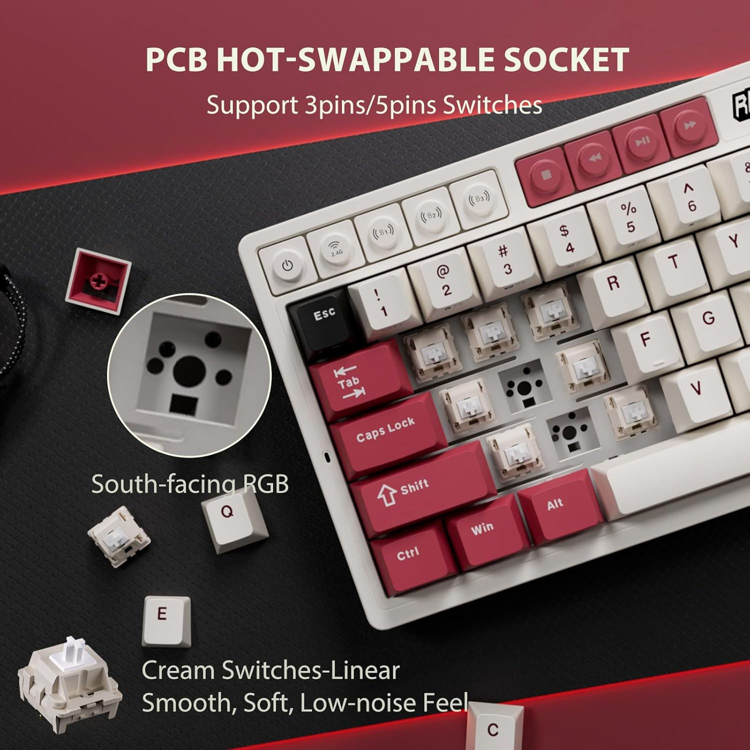 RK ROYAL KLUDGE M65 Wireless Mechanical Keyboard with Volume Knob, Tri-Mode 2.4G/USB-C/BT Gasket Mounted 60% Gaming Keyboard with 66Keys, PBT Keycaps, QMK/VIA, Hot Swappable Beige Switch, Red - Red image number 6