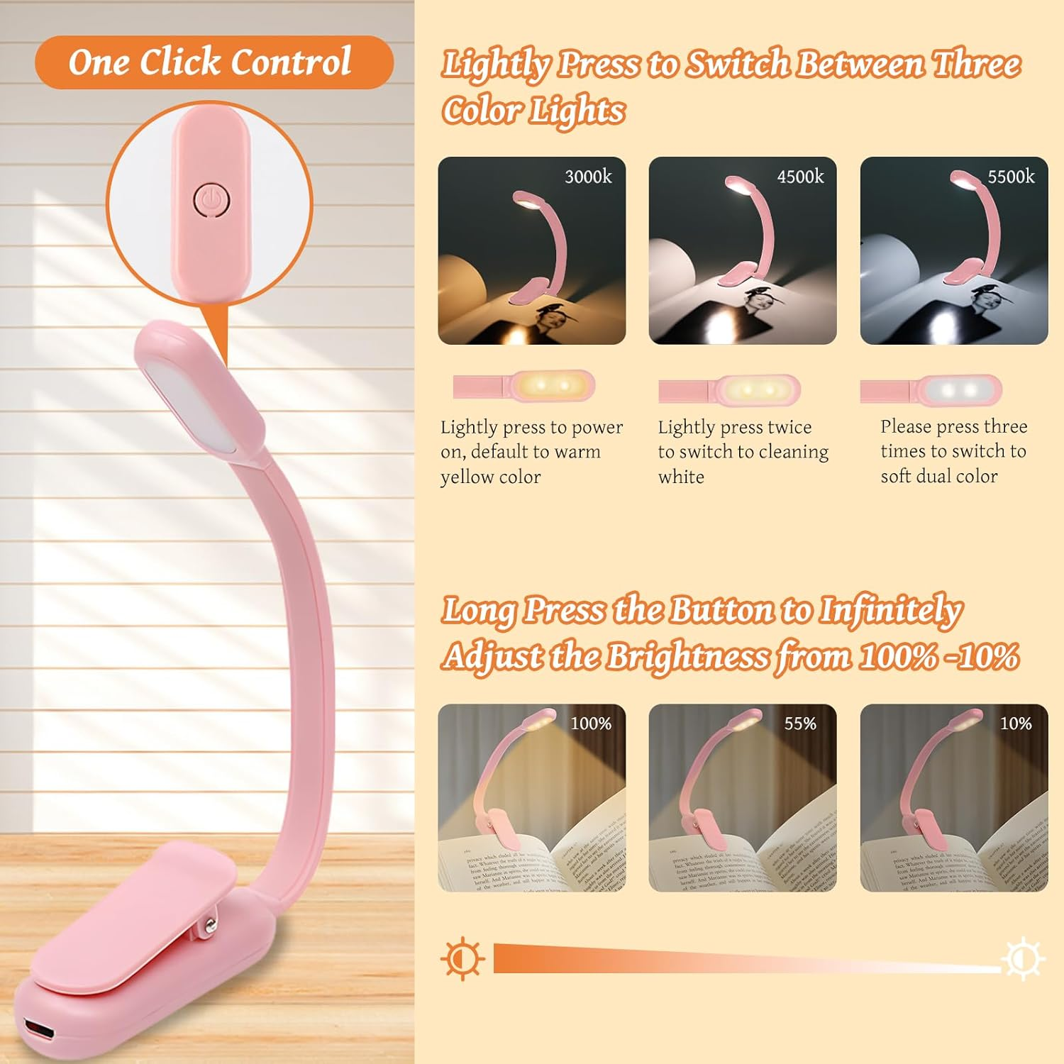 Pearyaest Book Light,Reading Lights for Books in Bed,Clip on Led Reading Light with 3 Colors Modes & Stepless Dimming,Portable Lightweight AAA Battery Book Lamp Long Runtime for Travel, Desk(Pink) image number 1
