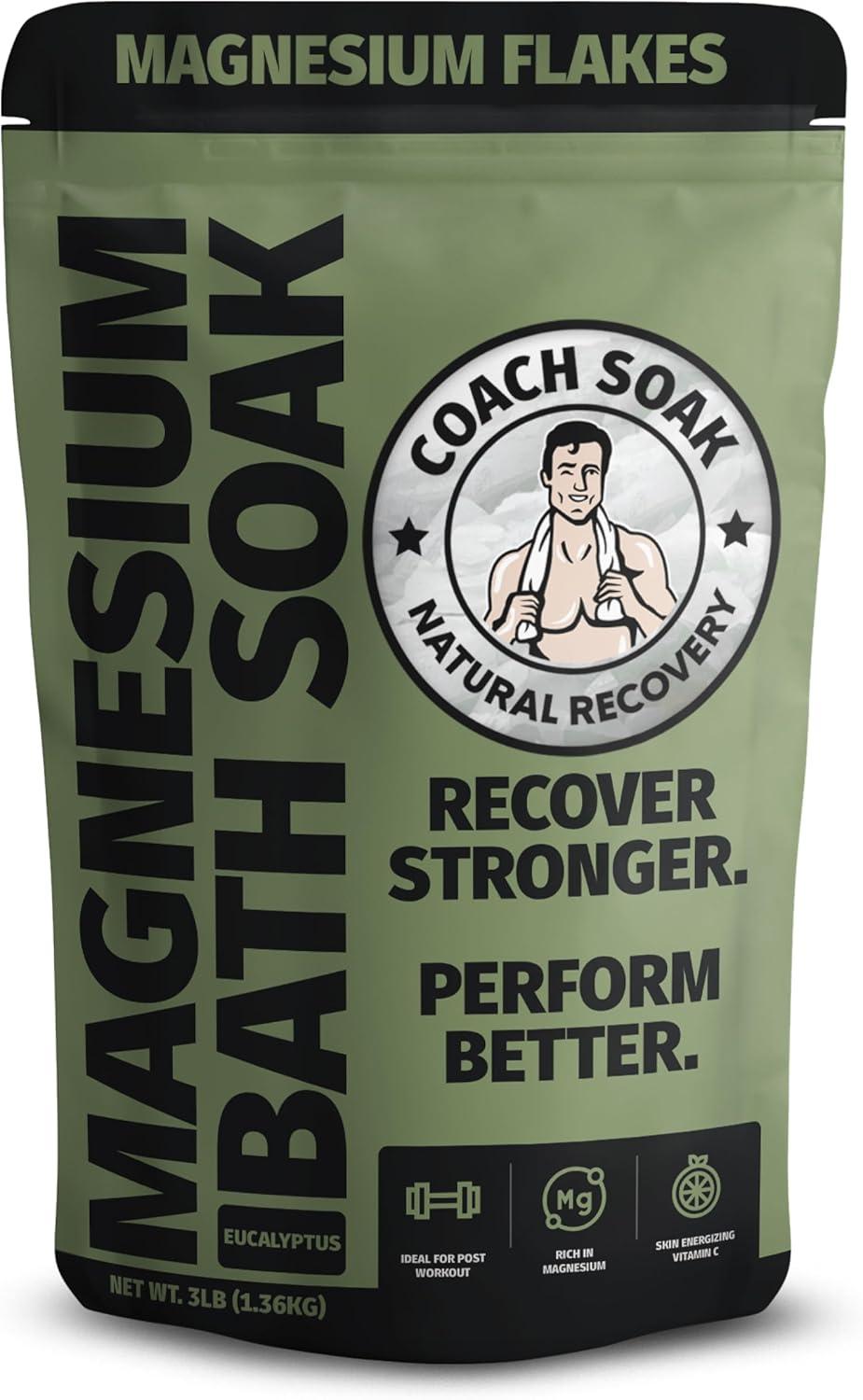 Coach Soak: Muscle Recovery Bath Soak - 1360G Natural Magnesium Relief Bath Salt - 21 Minerals, Essential Oils & Dead Sea Salt - Absorbs Faster than Epsom Salt (Eucalyptus Tea Tree)