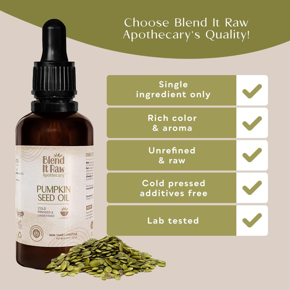 Blend It Raw Apothecary Pumpkin Seed Oil, 30Ml Cold Pressed Carrier Oil Pure & Undiluted for Hair Care, Nails & Skin