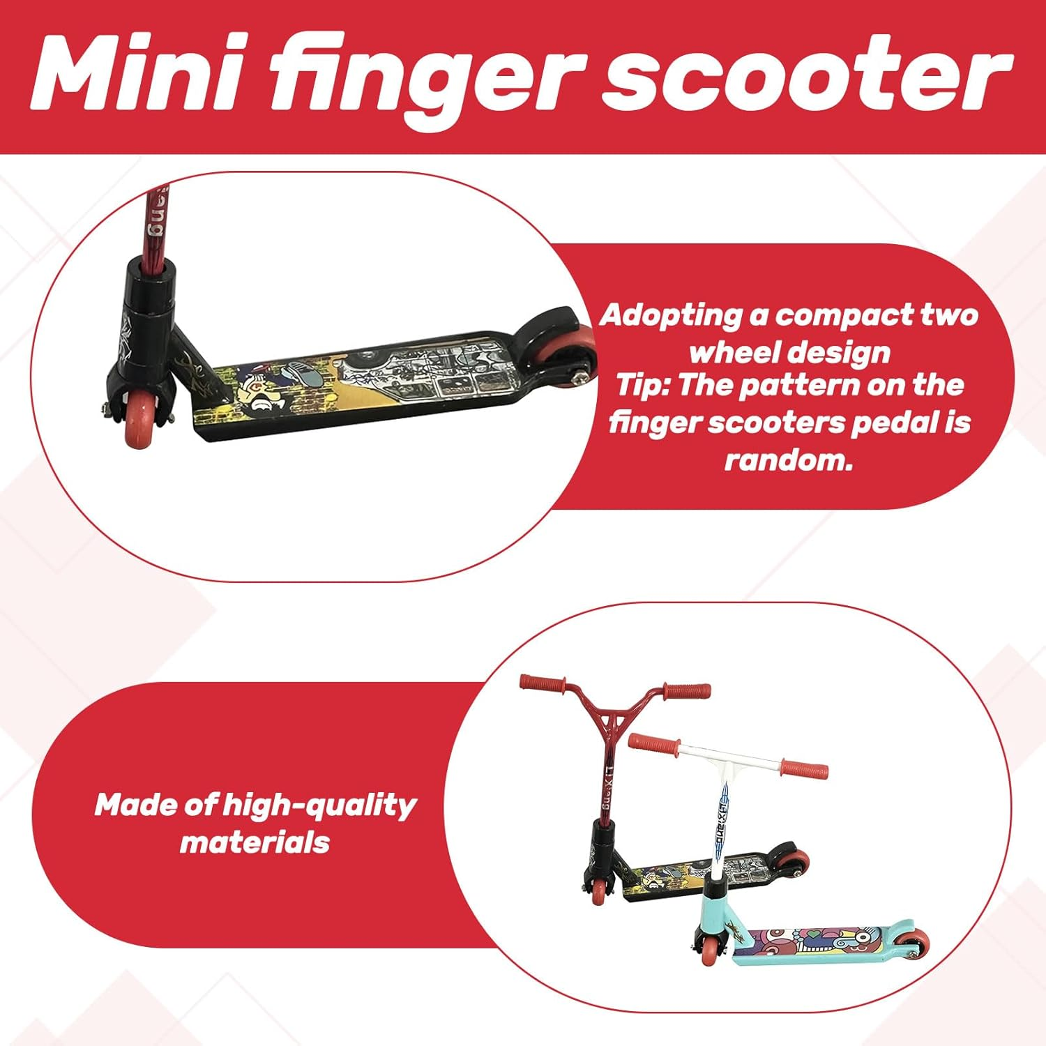 Tech Deck Scooter,2Pcs Finger Scooter,Plastic Tech Deck,Cute Mini Teck Deck,Finger Skateboards for Party/Finger Training/Birthday Gift/Finger Board/Finger Bike(Curved Front Red+Straight Front White) image number 3