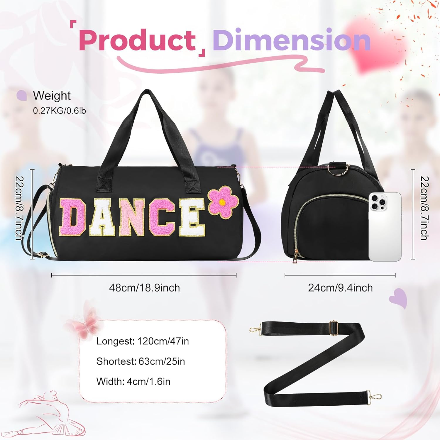 Dance Bag for Girls KUIRAN Small Gym Bag for Women Duffel Bag Weekender Duffel Bag 23L Capacity Workout Chenille Letter Bag for Dancers, Girls, Teens, Student Athletes, Black/Shoe Compartment, 15"Lx10 - Black image number 4