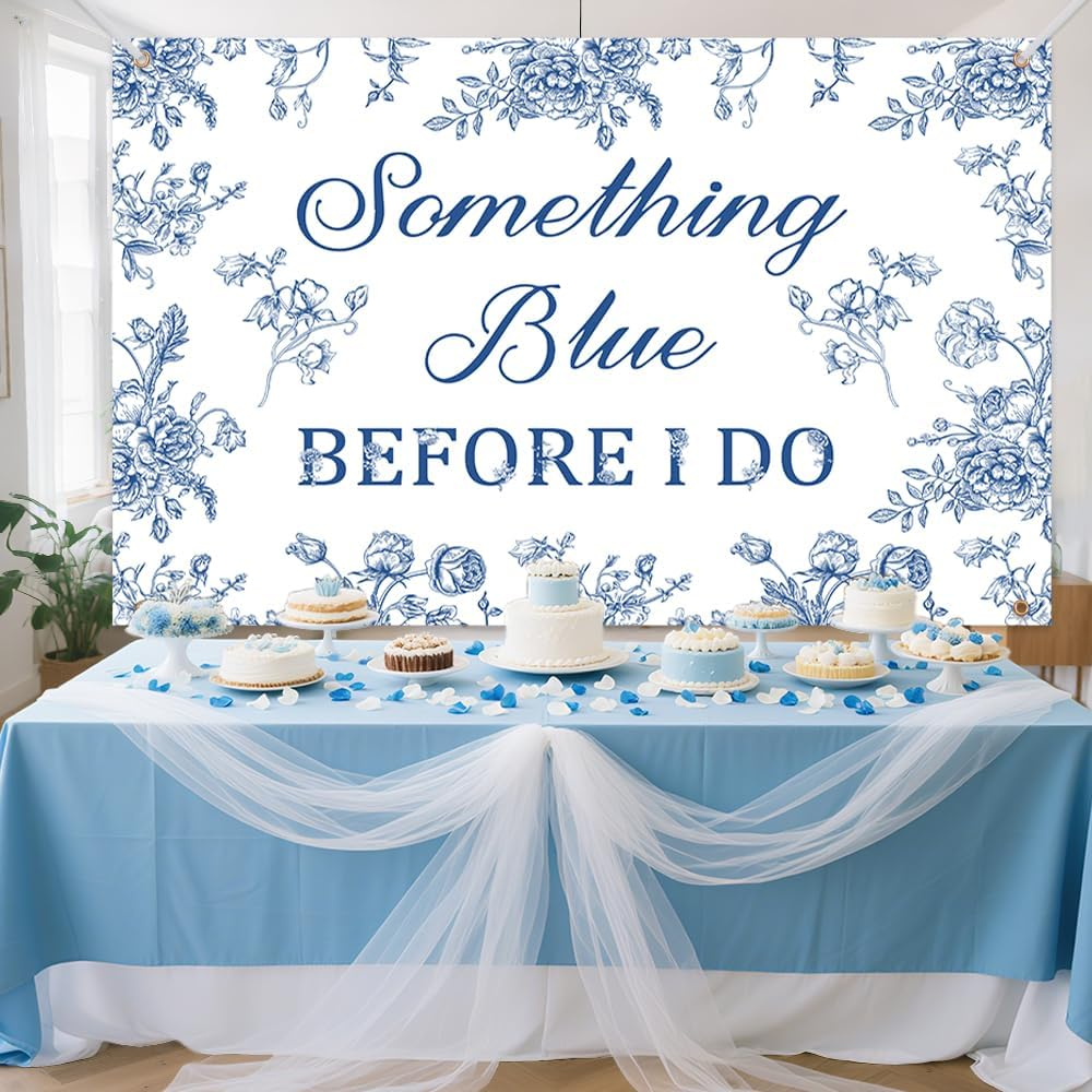 AIBIIN Blue Floral Bridal Shower Backdrop Something Something Blue before I Do Decorations Love Is Sweet Wedding Bachelorette Engagement Banner Party Supplies 5.9X3.6Ft image number 3