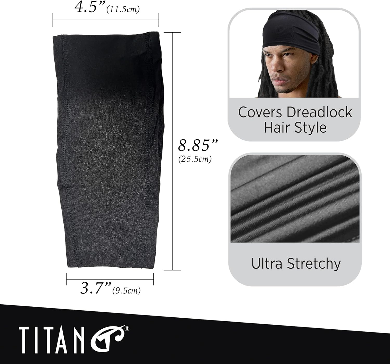 Titan Spandex Skull Cap for Dreadlock and Braid - Black Durags for Men with Band - Classic Black Bandana Style image number 3
