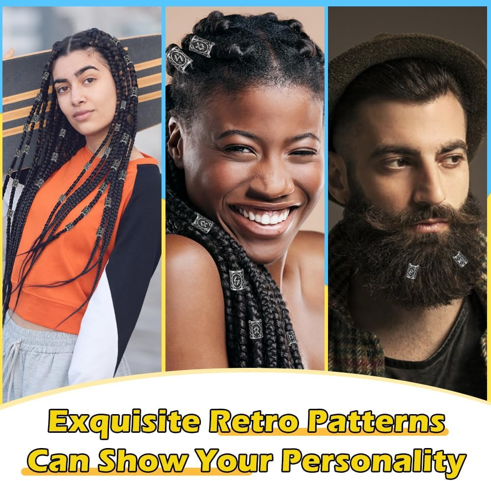 DECARETA Beard Beads for Men,24 Piece Vikings Runes Beads Norse Dreadlock Beads Hair Tube Beads with Rubber Bands,Plastic Bun Curler Pull Hair Pin Quick Beader with Pouch for Men Women Braiding Ties,