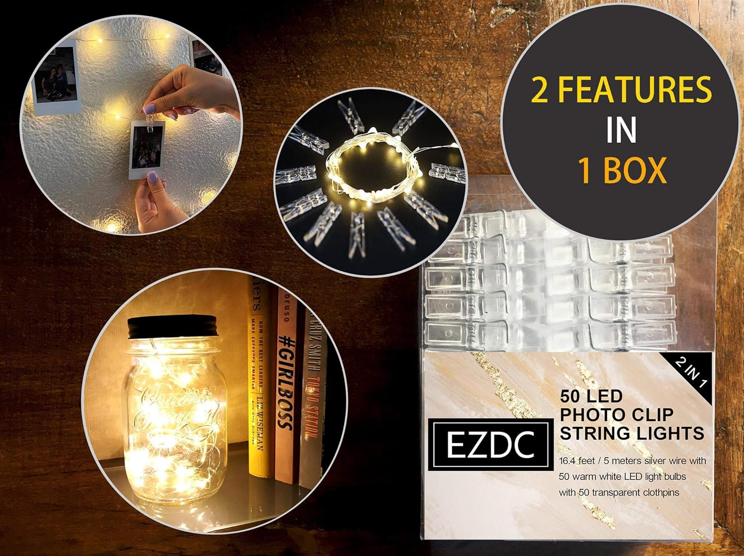 EZDC 50 LED Photo Clip String, Fairy Lights with Clips for Pictures, Polaroid Lights for Bedroom & Dorm Room Decoration image number 4