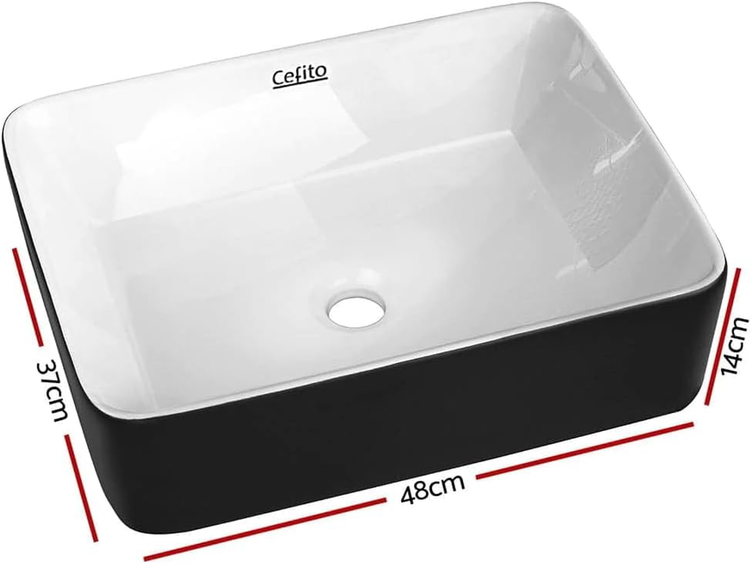 Cefito Bathroom Basin Vanity Sink, Ceramic Hand Wash Basins Vessel Sinks above Counter Top Tools Kitchen Home Improvement, Rectangle High Gloss Finish Modern Scratch-Resistant Black White image number 3