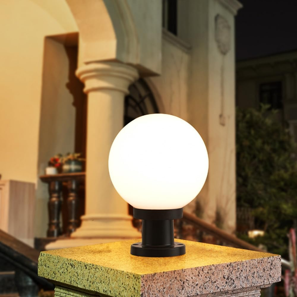 Outdoor Globe Post Light, White Sphere, Waterproof Garden Pillar Lamp, Black Base, E26/E27 (Big) - Middle image number 2