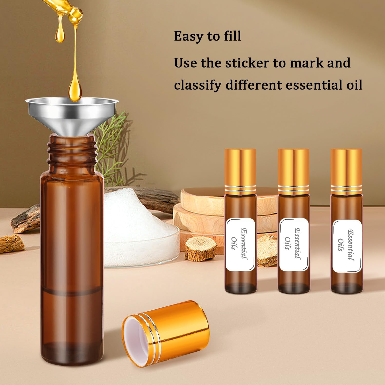 4 Pack, Essential Oil Roller Bottles, Amber Glass Roller Balls for Essential Oils, 10Ml Empty Rollerball Bottles for Travel Refillable Roll on Perfume Bottles with Caps image number 4