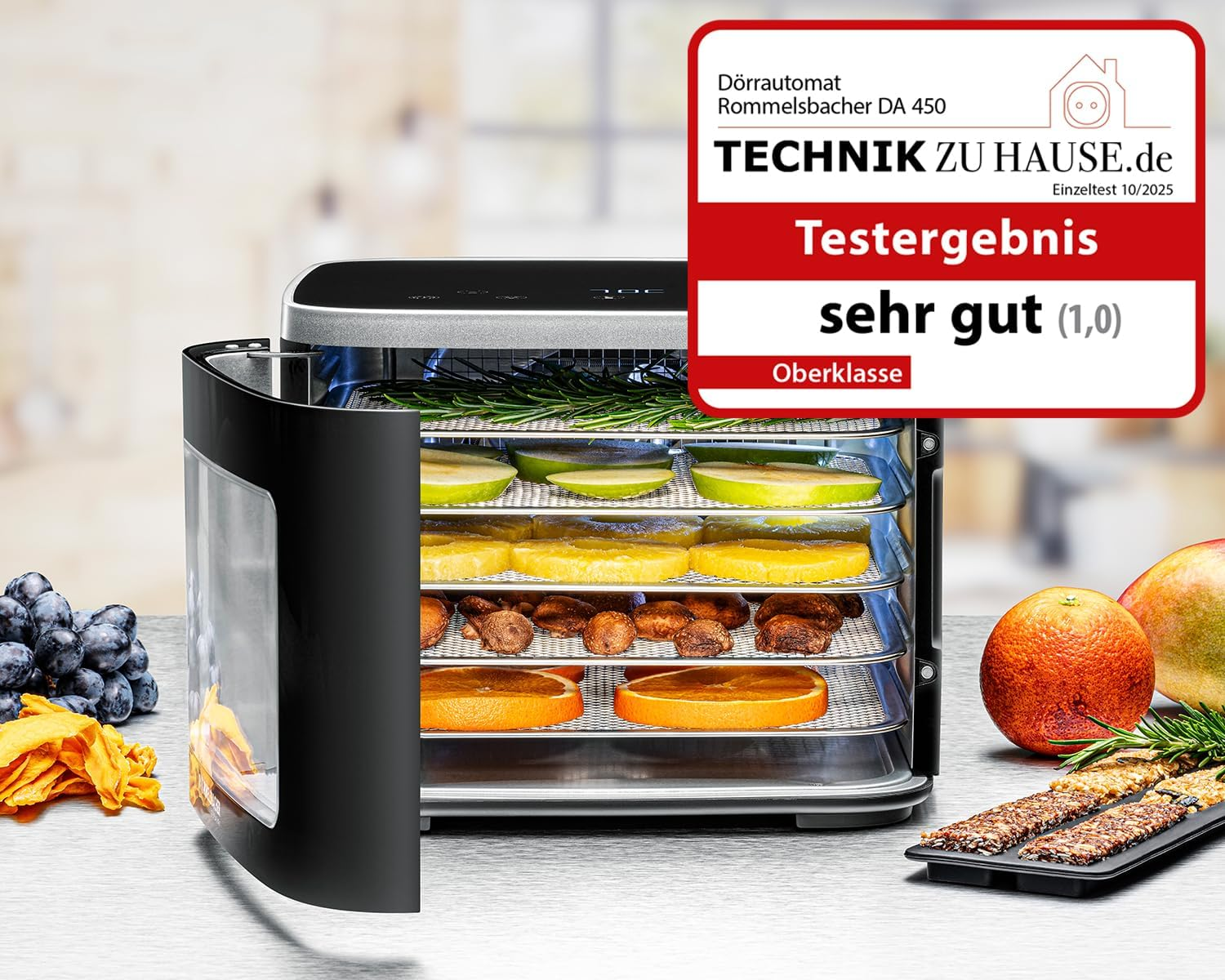 ROMMELSBACHER DA 450 Dehydrator 0.2 M&sup2; with 5 Stainless Steel Dehydrator Trays, 1 Drying Rack, 1 Drying Mat, 2 Cereal Moulds, LCD Display, 99 Hour Timer, Temperature Adjustable (35 &deg;C - 80 &deg;C) image number 6