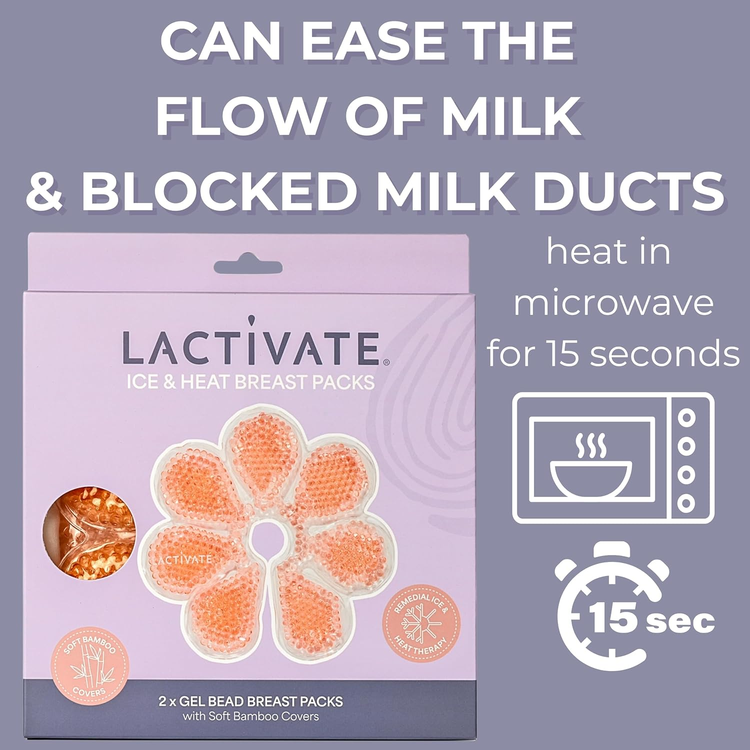 Lactivate Breast Ice Pack & Heat Pack &ndash; Set of 2 Reusable Hot & Cold Gel Bead Nursing Pads with 4 Soft Bamboo Covers for Breastfeeding Relief and Pumping Support - Breastfeeding Therapy Packs