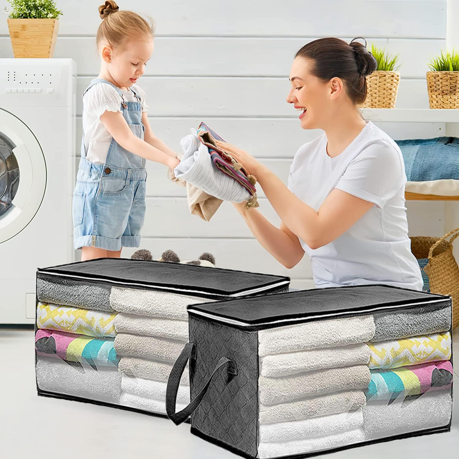 CJWLKJ 54L Clothing & Closet Storage Bags, 6 Pack Closet Organizers and Storage, Clothes Foldable Storage Bins with Handles, Storage Containers for Clothing, Blanket, Comforters, Toys, Bedding, Grey - Grey image number 2