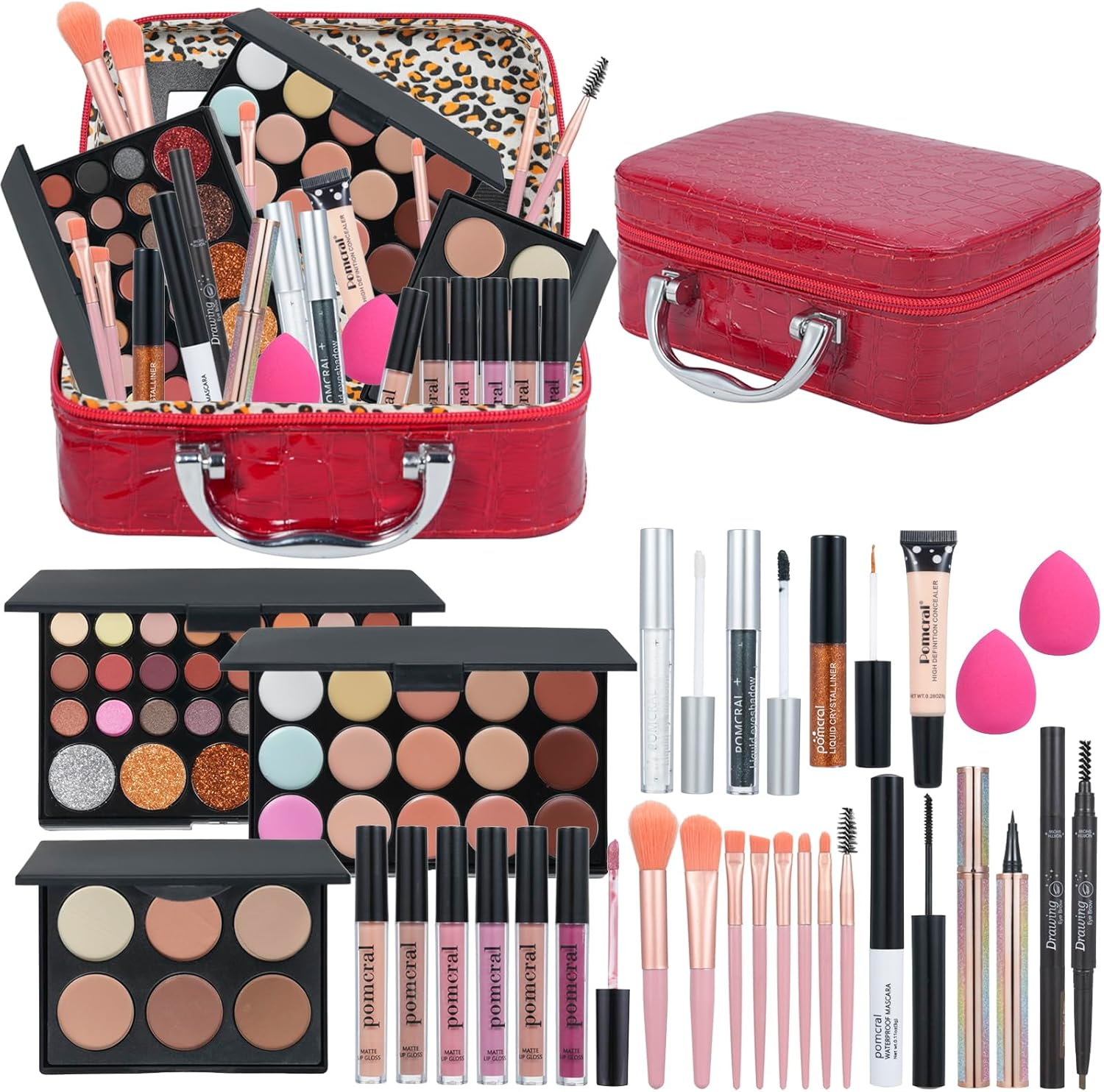 Pomcral Makeup Kit, All-In-One Professional Makeup Set for Women & Teens, Includes Eyeshadow, Eyebrow, Face & Lip Makeup, Brush Tools, Organizer Bag, 30-Piece Kit, Red, Unisex image number 3