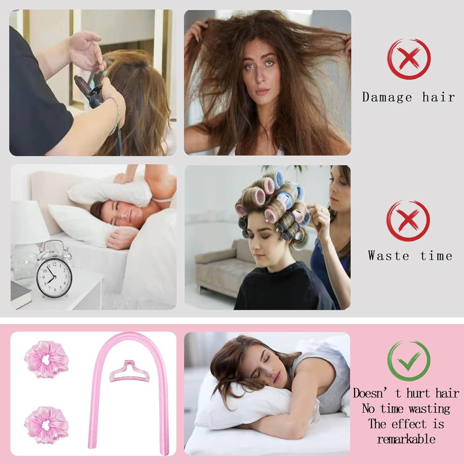 Fashion Colour Heat Free Curling Iron Headband with Hair Clips and Hair Scrunchie No Heat Hair Rollers for Sleeping Overnight Adjustable Wave Curling Iron Kit for Long Hair Yellow (Pink) image number 3