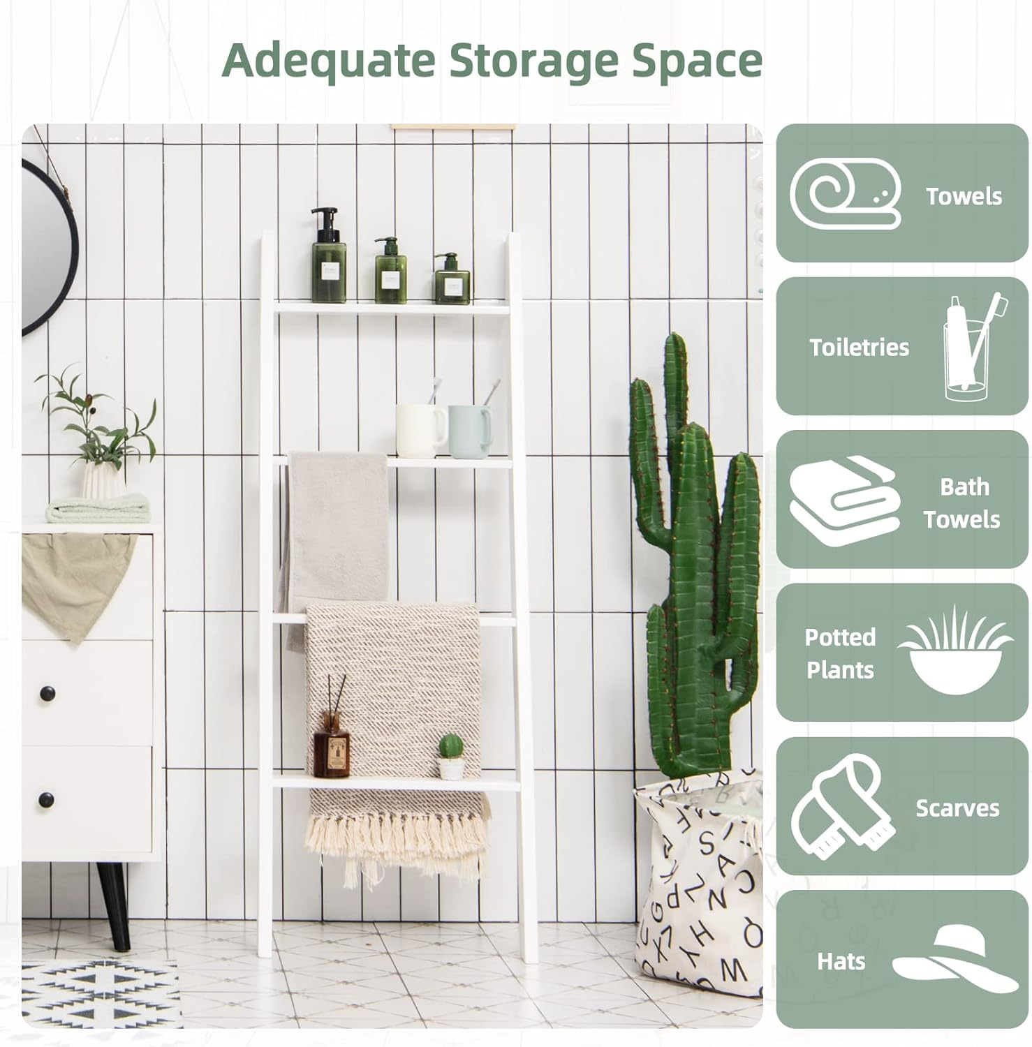 Giantex 4-Tier Wooden Blanket Ladder, Farmhouse Towel Storage Rack, Wall Leaning Ladder Shelf Stand, Decorative Blanket Shelf for Living Room, Bathroom & Bedroom, White - White image number 5