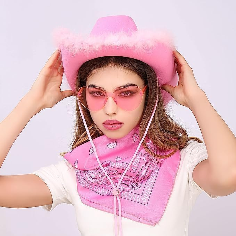 Jevenis Cowgirl Hat Cowboy Hat Women Western Cowgirl Hat with Feathers Bandana Heart Shape Sunglasses for Bachelorette Party Halloween Birthday