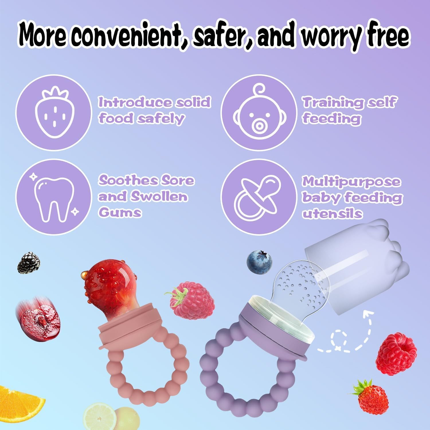 Baby Silicone Fruit Food Feeder Pacifier, 2 Pack Freezer Tray Set for Babies-Breastmilk Storage Container and Freezer Tray-Teething Popsicle Molds for Soothing Relief image number 4