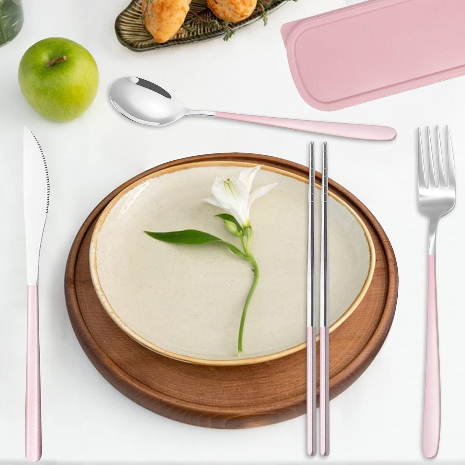 Portable Stainless Steel Cutlery, KUAOOAUK Reusable Travel Utensils, Portable Chopsticks Knife Spoons Forks Set, Travel Cutlery Set with Case for Adults Picnic Camping Daily Use (Pink) image number 4