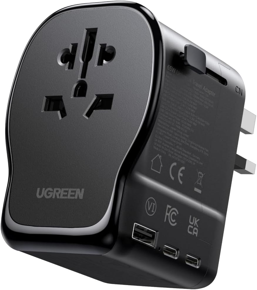 UGREEN Universal Travel Adapter, Gan 65W International Charger with 2 USB-C & 1 USB-A Ports, PD Fast Charging Worldwide Wall Charger Block for Laptop, 3-Pin US/UK/EU/AUS/CN Plug Ground Connection image number 1