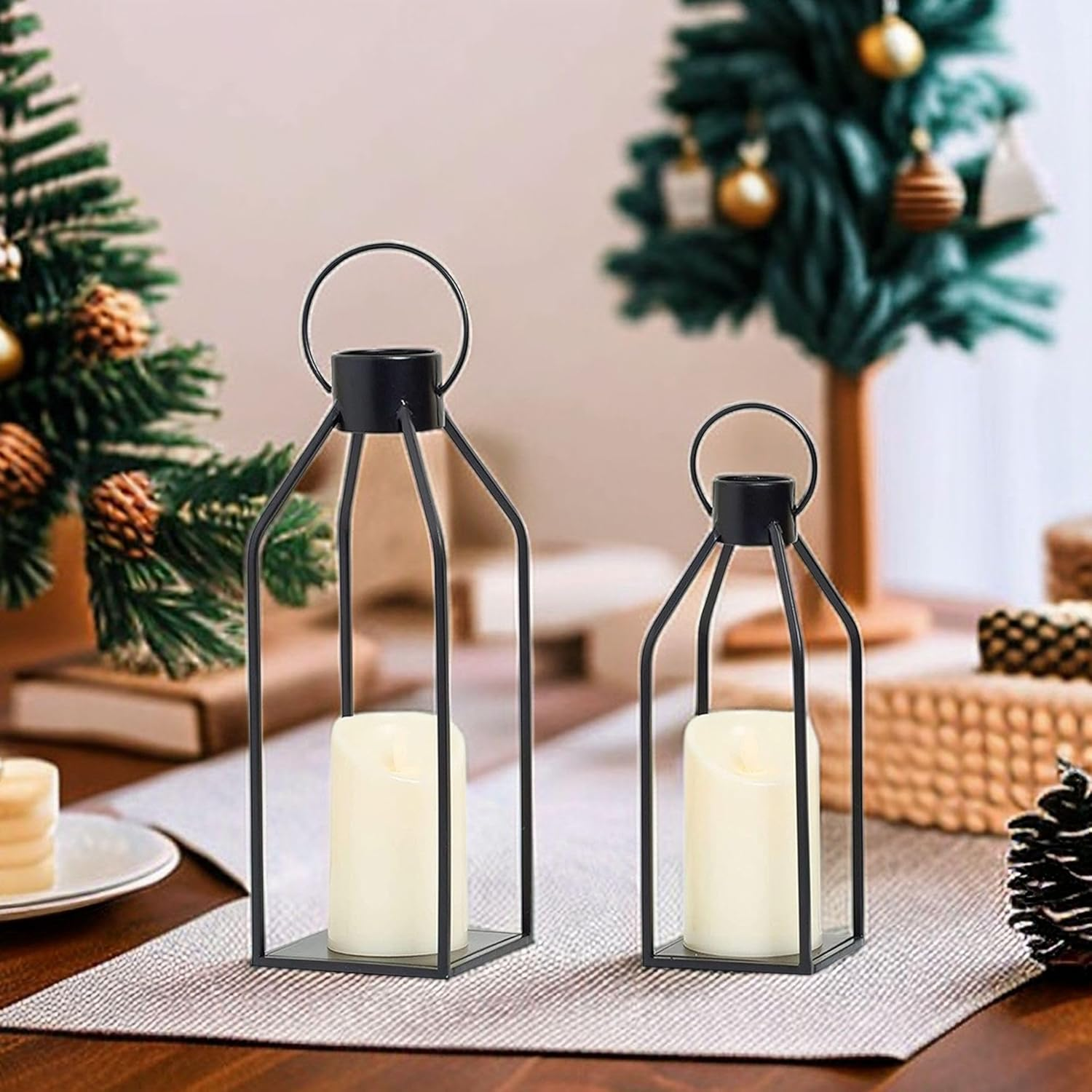 Modern Farmhouse Lantern Decor,2 Pack Black Metal Candle Lantern Front Porch Decor for Home Decor, Living Room, Fireplace, No Glass for Indoor Outdoor Decorations (Excluding Candles) (Black) image number 1