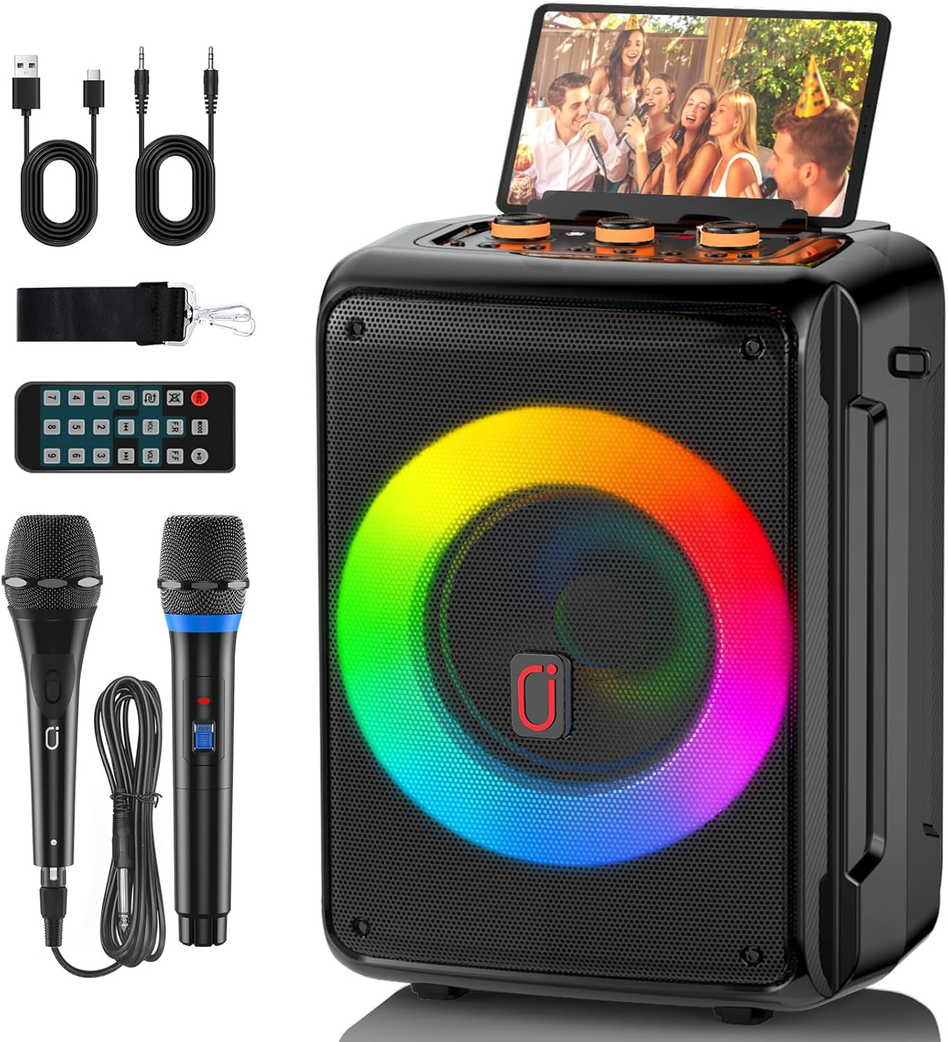 Karaoke Machine with 2 Microphones, Bluetooth Portable Speaker with DJ Party Lights, Support TWS, REC & PA, Ideal for Birthdays, Family Gatherings & Events (Black) image number 2