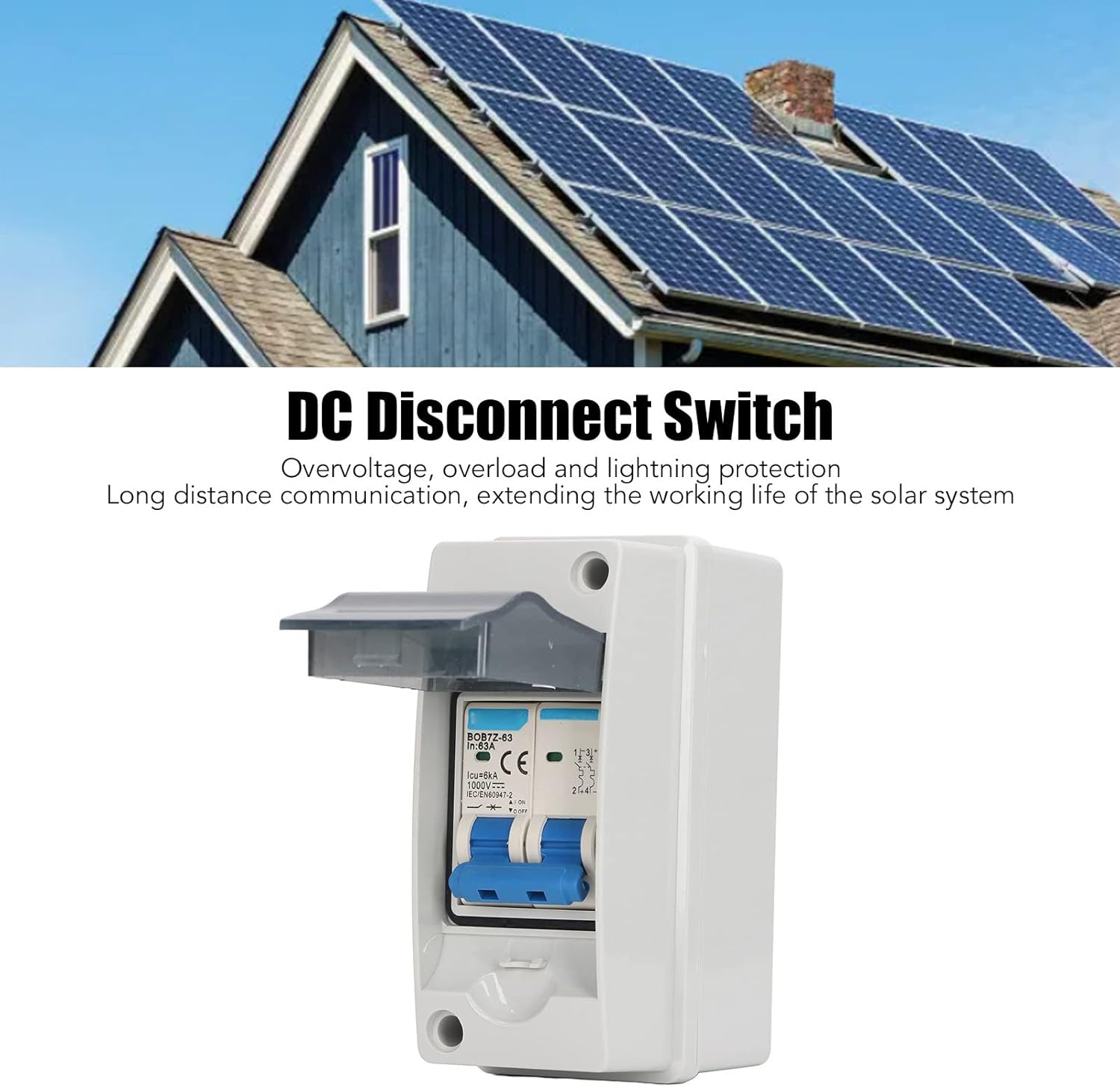 DC Miniature Circuit Breaker, 2 Pole 1000V 63Amp Isolator PV Solar Disconnect Switch with IP65 Waterproof Cover Overvoltage Circuit Isolator for Solar Panels Grid System image number 2