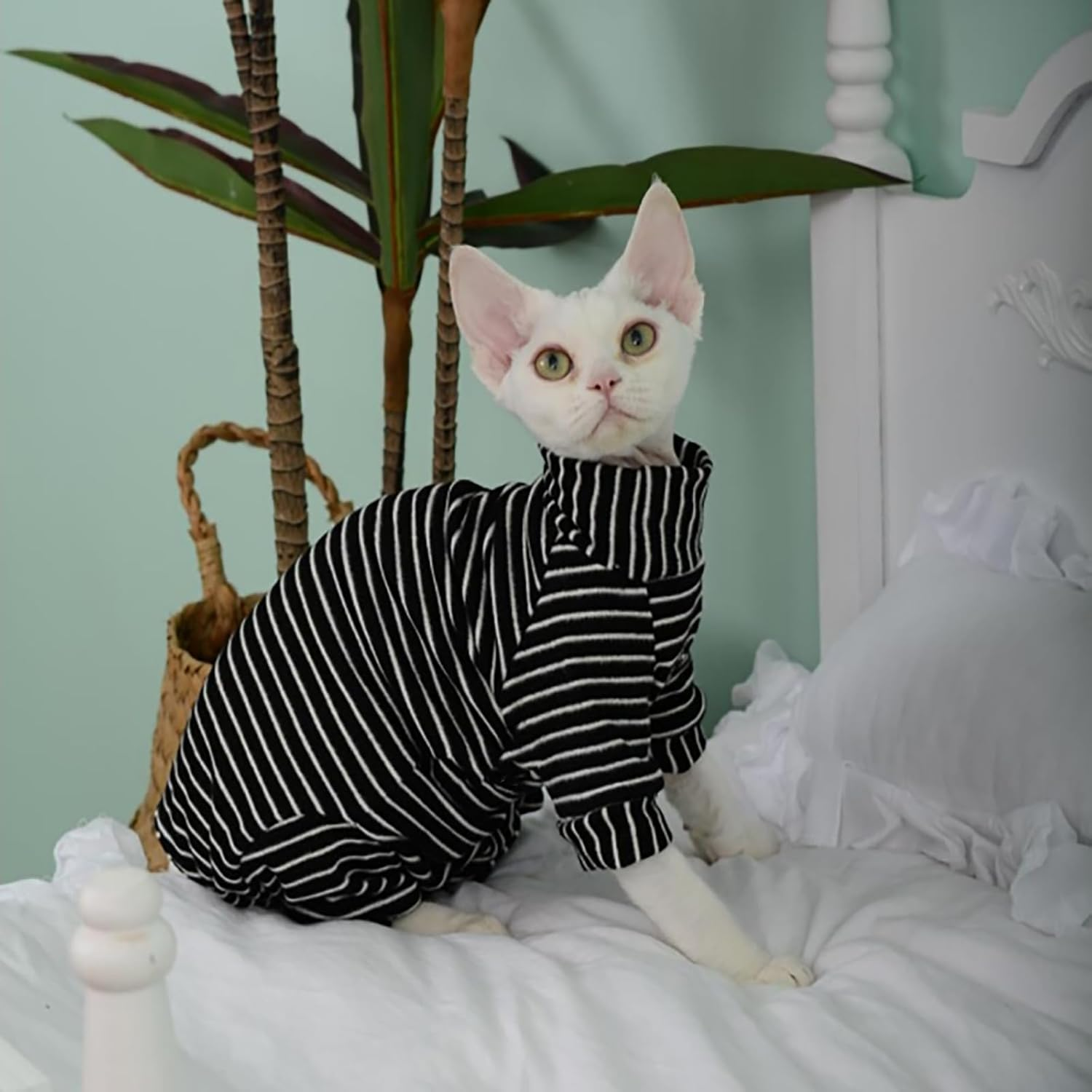 IUOUTG Hairless Cat Clothes Four Leg Breathable Sphynx Cat Apparel Stripes Cat T-Shirts with Sleeves Turtleneck Kitten Pullover Shirts Cat Pajamas Jumpsuit for Sphynx Devon Cornish image number 4
