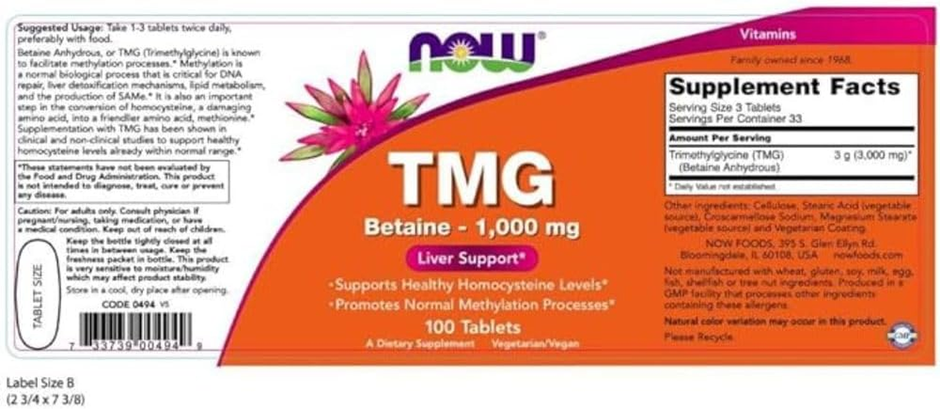 NOW TMG (Trimethylglycine) 1000Mg 100 Tab image number 3