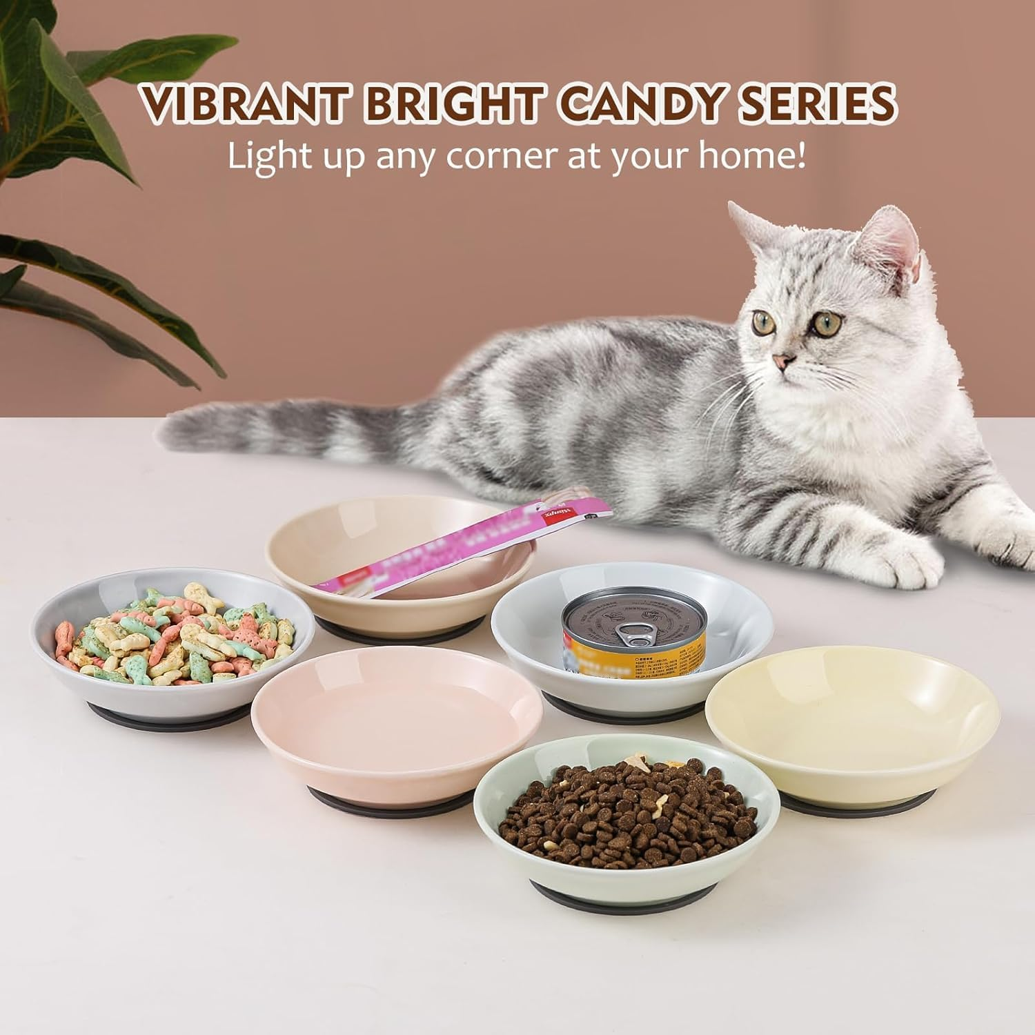 Ceramic Cat Food Bowl Set - Colorful Feeding Bowls with Non-Slip Mat - Wide Shallow Whisker Friendly Plates - Cute Dish - Microwave Dishwasher Safe - 6 Pack - 8.5 Oz - 5.75 Inch image number 5