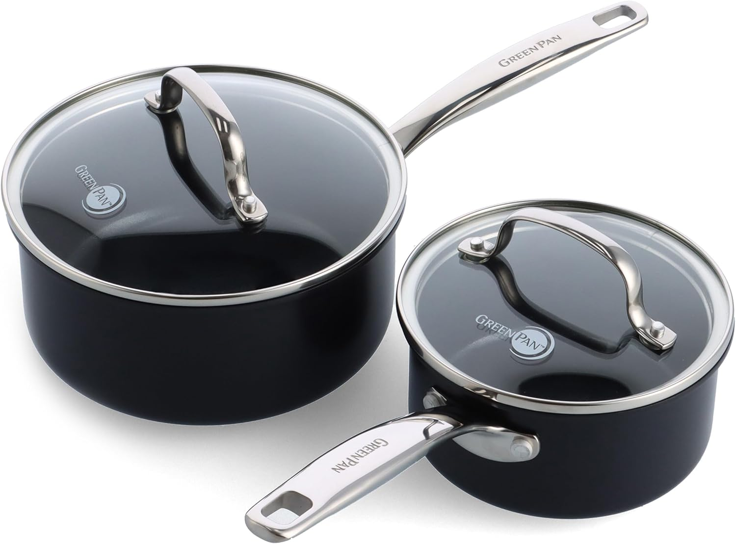 Greenpan Prime Chatham 1QT & 2QT Saucepan Pot Set with Glass Lids, Hard Anodized Diamond Infused Ceramic Nonstick, Pfas-Free, Dishwasher Safe, Oven Safe, Multipurpose Chefs Pan, Stay-Cool Handle,Black