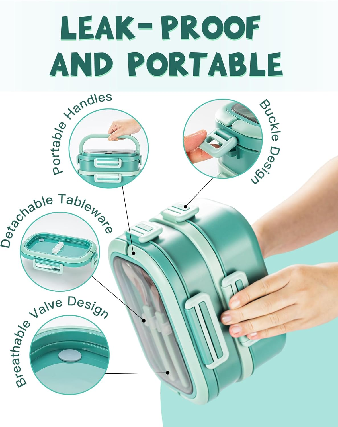 Lille Home Lunch Box, 2 Tier Bento Box with 4 Compartments 1650 ML Food Container with Cutlery Set, BPA Free, Leak-Proof(Green) image number 4